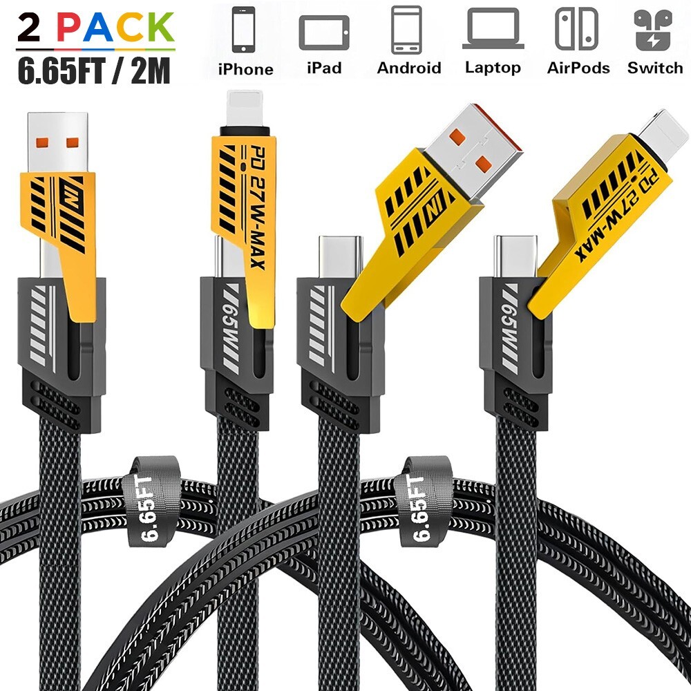 2pcs 6Ft Multi Fast Charging Phone Cable USB A/USB C to Type C 65W 4-in-1 Nylon