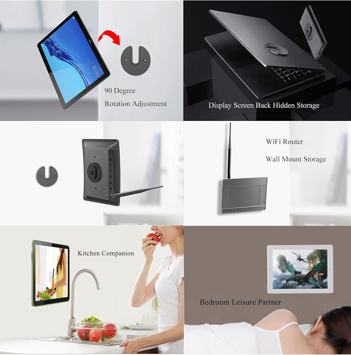 Universal Tablet Wall Mount Adjustable 90 Degrees Rotating Black
