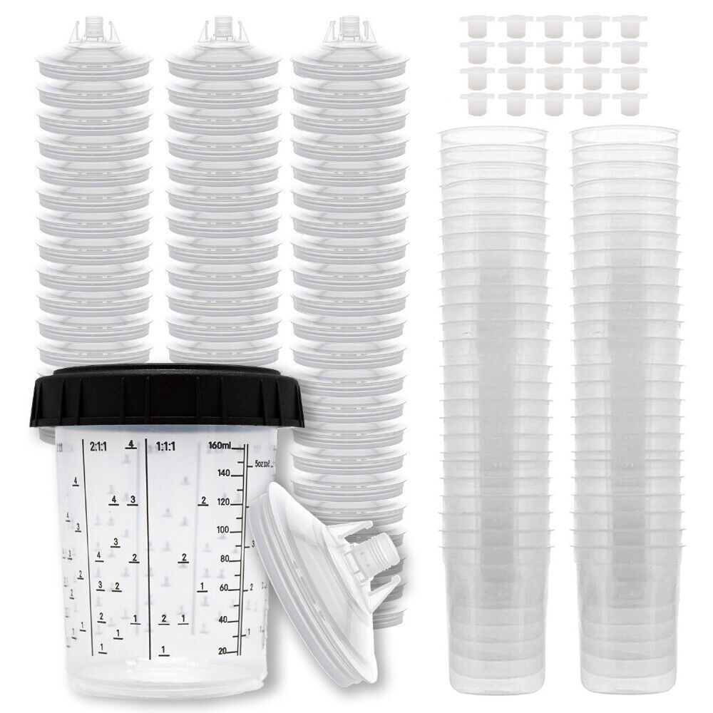 50Pack CUPS Disposable Paint Spray Gun Cup Liners and Lid System (190 Micron)