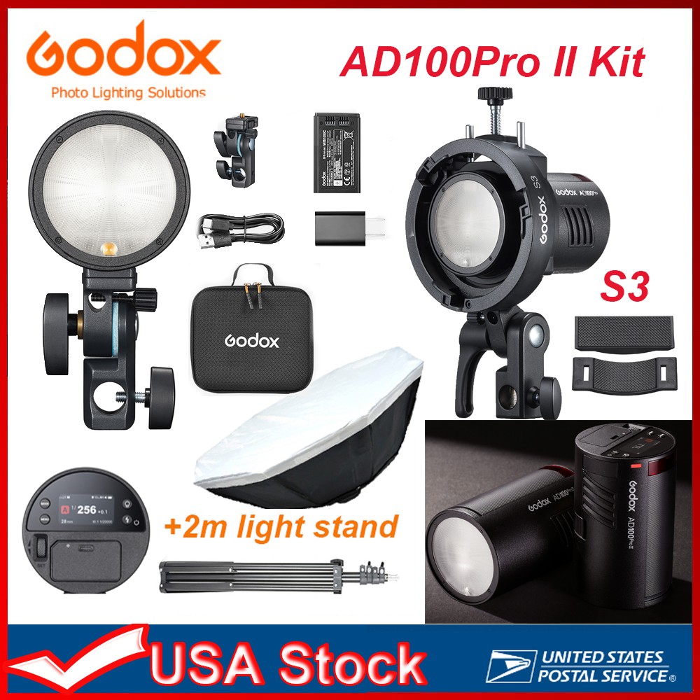 Godox AD100Pro II 2.4G TTL HSS Outdoor Flash+S3 Bracket+120cm Softbox+Stand kit