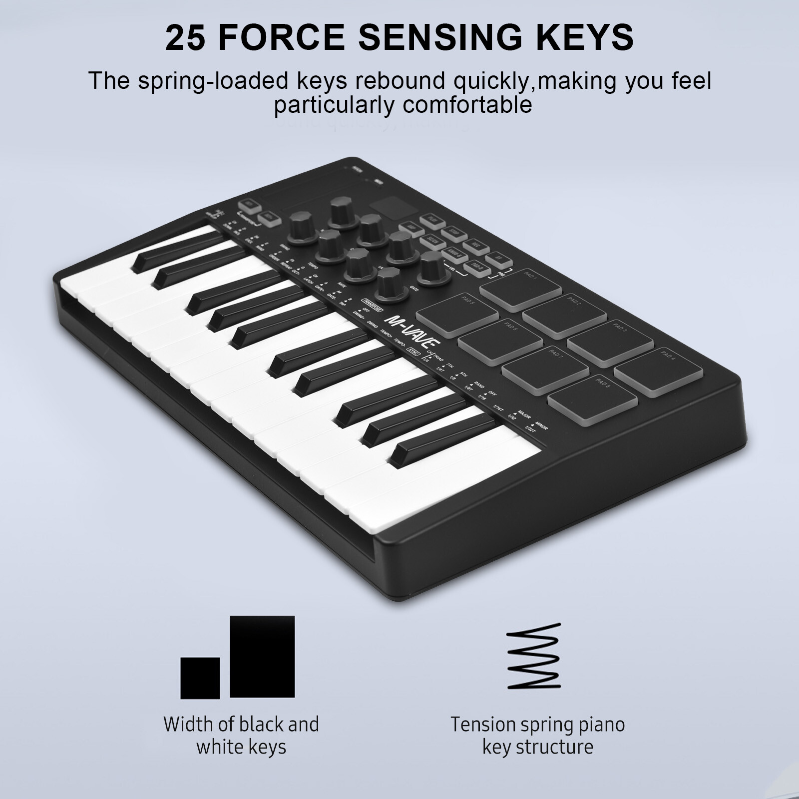 M-VAVE 25-Key USB MIDI Keyboard Controller with 8 Backlit Drum Pads 8 Knobs J0H1