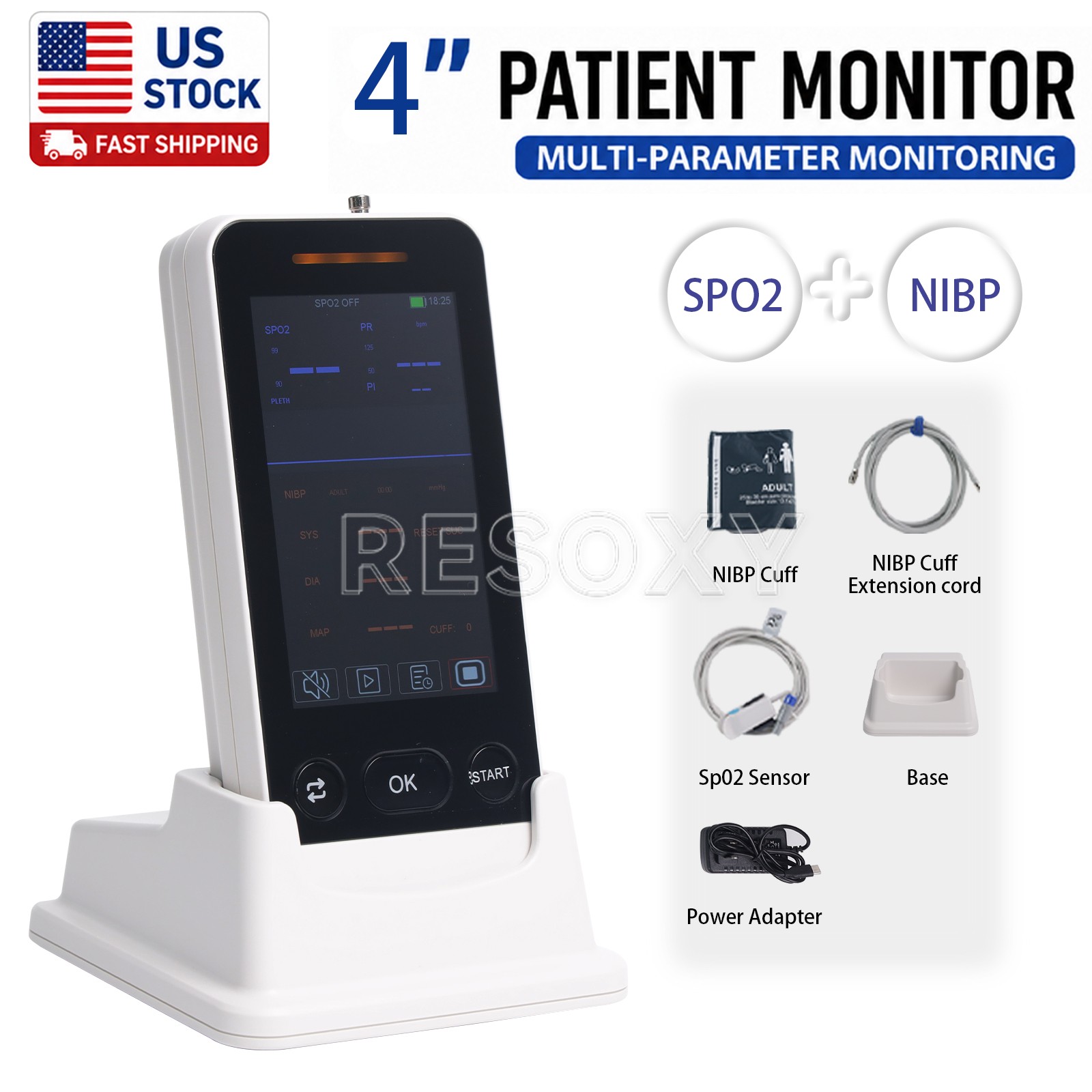 4" Patient Monitor NIBP Blood Pressure SpO2 Vital Signs Portable Monitor