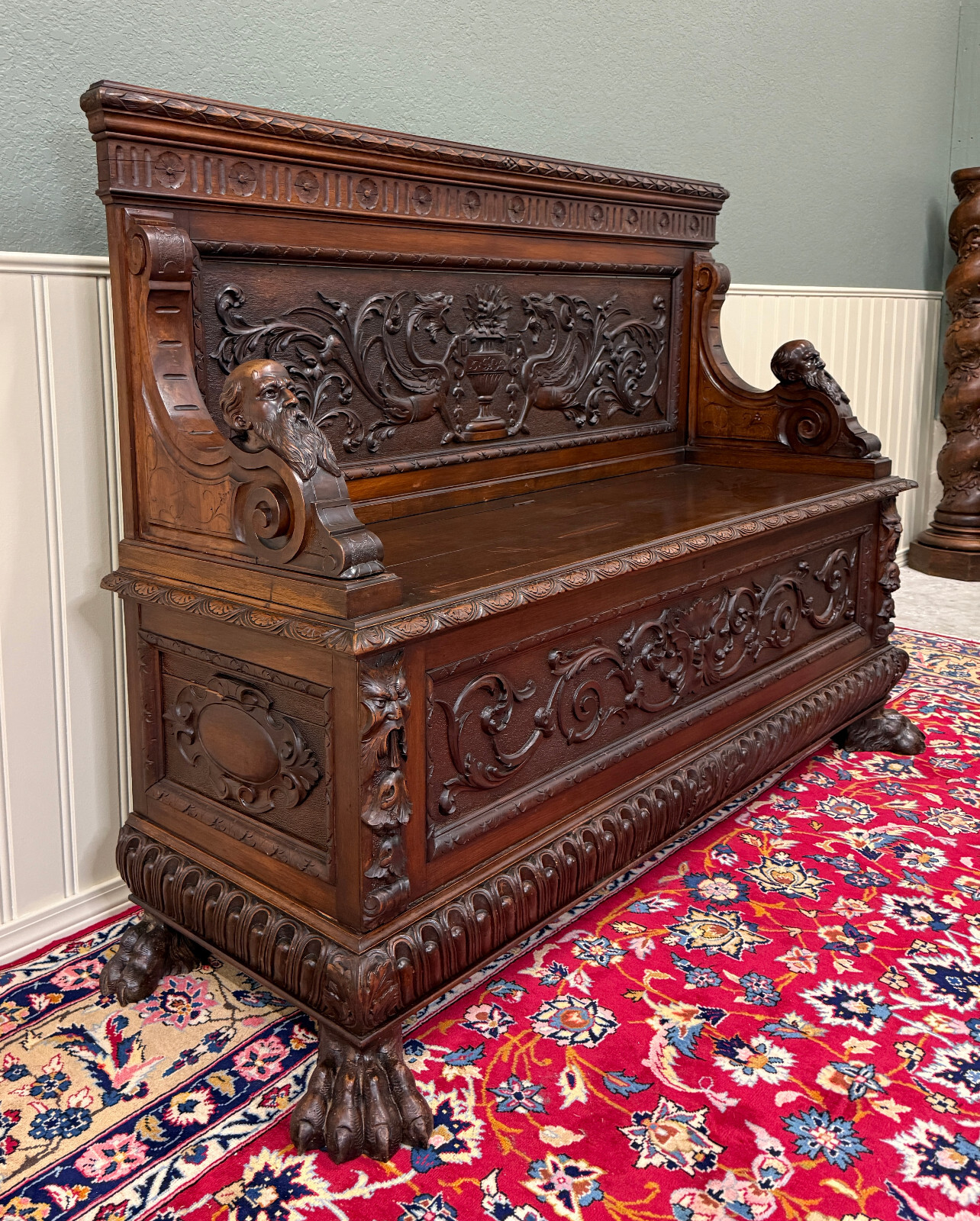 Antique French Entry Bench Settee Trunk Renaissance Revival Dark Walnut c1890s