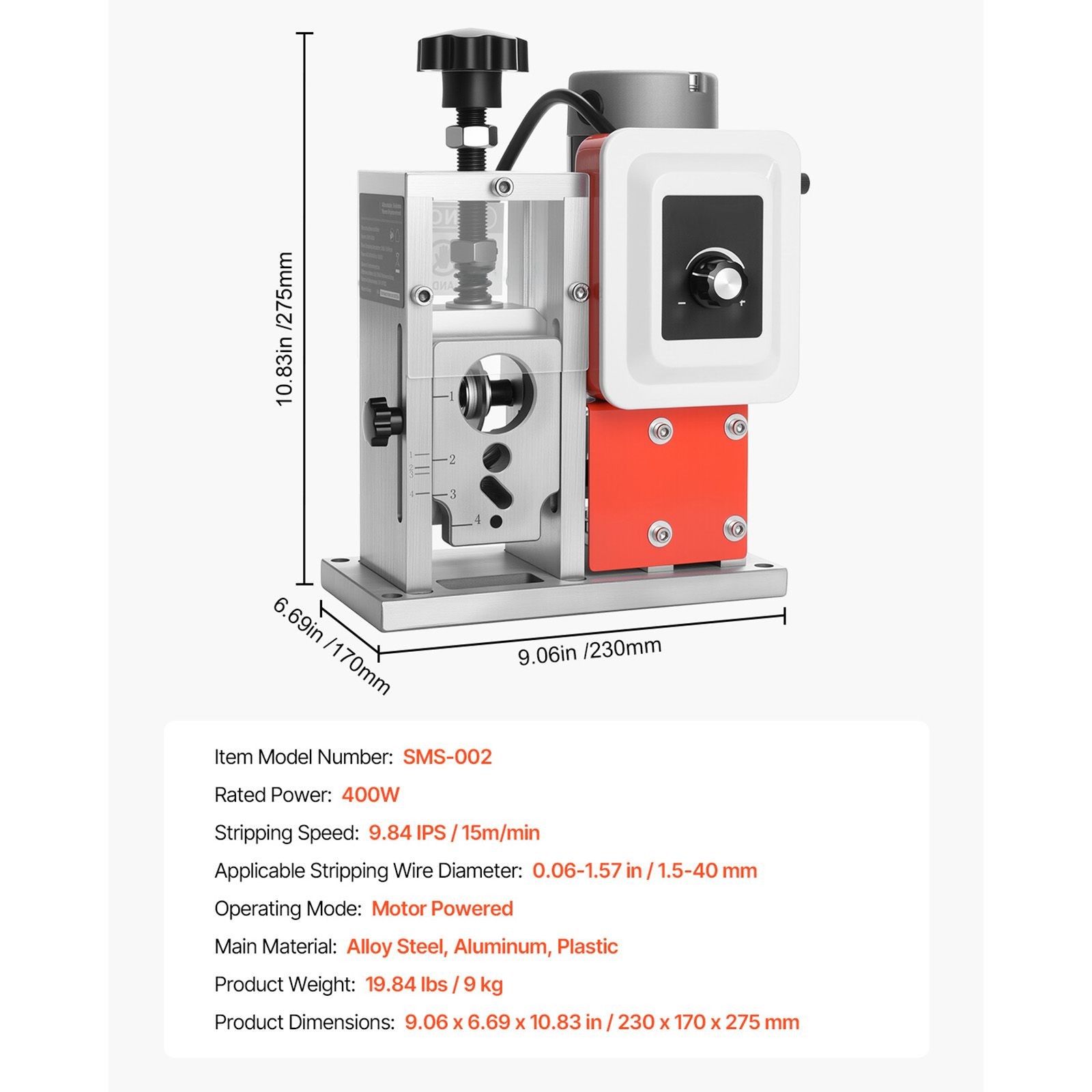 400W Automatic Wire Stripper 0.06-1.57in, 9.84 IPS, V-Rollers