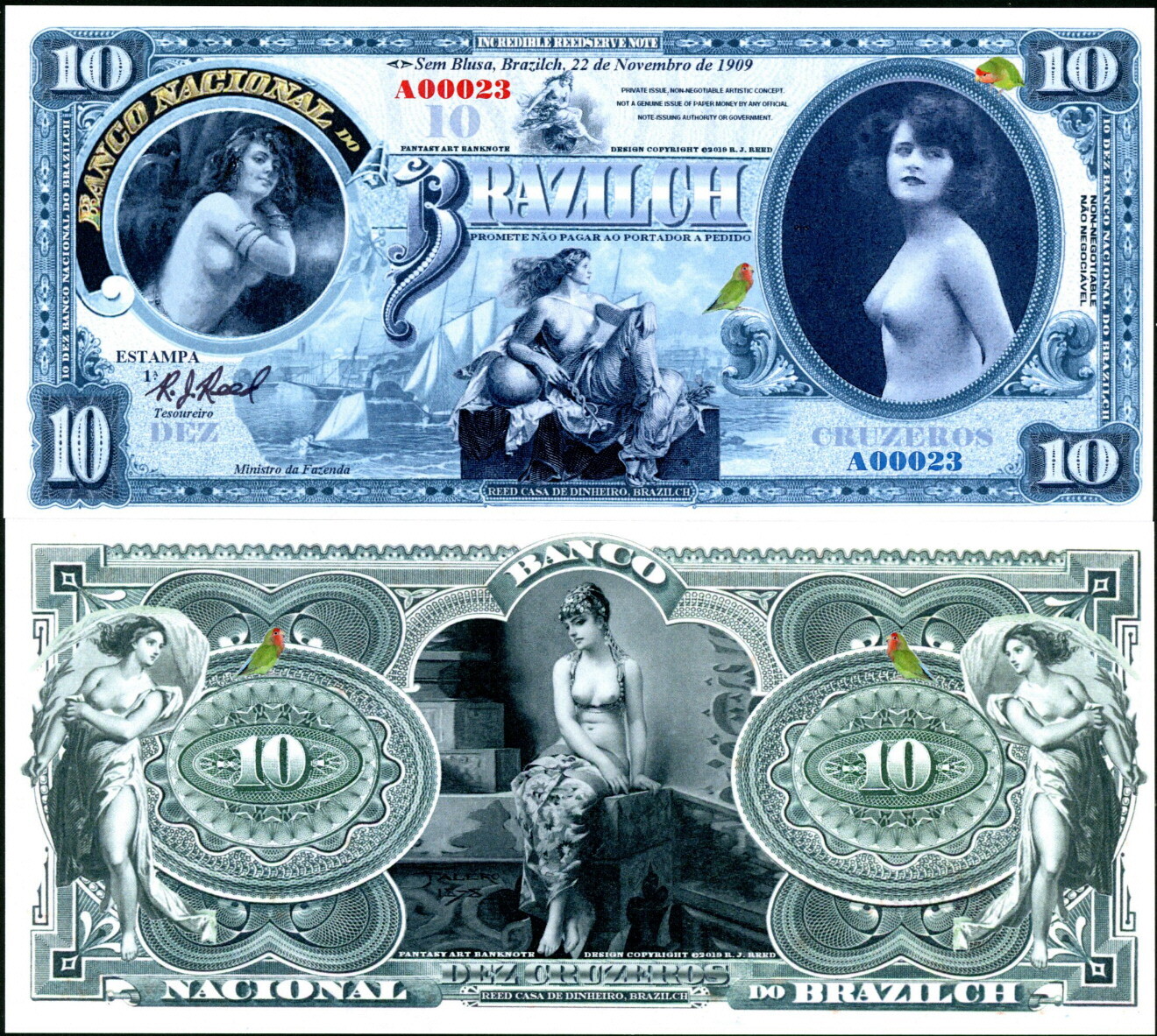 BRAZILCH 10 CRUZEROS PRIVATE ISSUE FANTASY ART NOTE BEAUTIFUL NAKED LADIES!