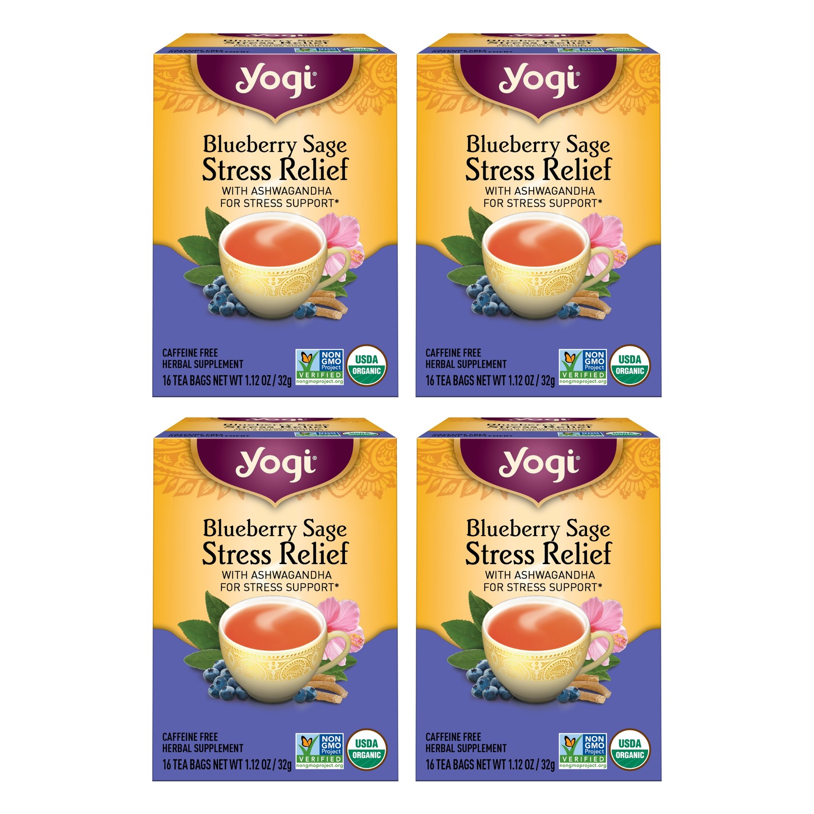 Yogi Tea Blueberry Sage Stress Relief - 16 Tea Bags per Pack (4 Packs) - Rela...