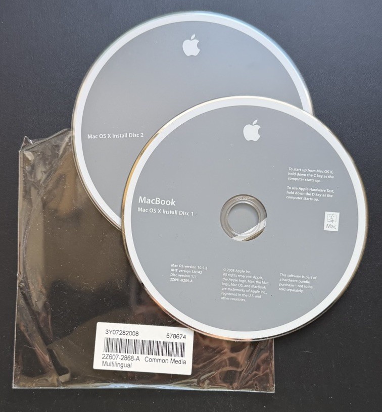 MacBook OS X 10.5.2 Install Discs 1 and 2 2008 2Z691-6209-A, 2Z691-6195-A