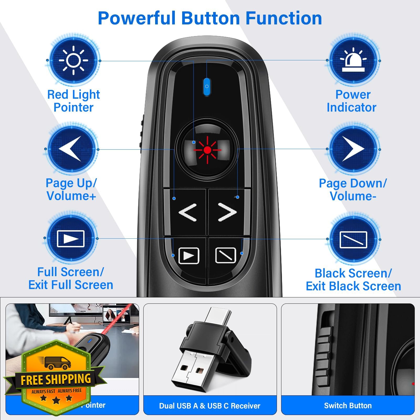 2-in-1 USB C Presentation Clicker Wireless PowerPoint Remote Slide Advancer