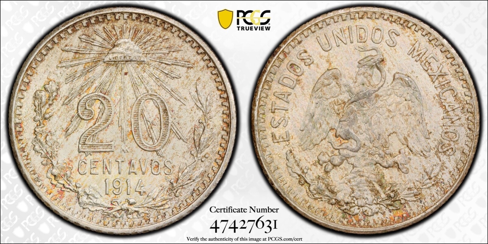 MEXICO ESTADOS UNIDOS 1914-M  20 CENTAVOS COIN, PCGS CERTIFIED UNCIRCULATED MS64