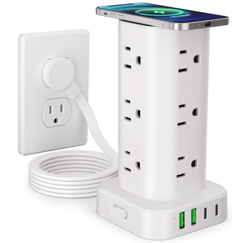 Power Strip Tower with Wireless Charger, Flat 6FT with Wireless Charging White