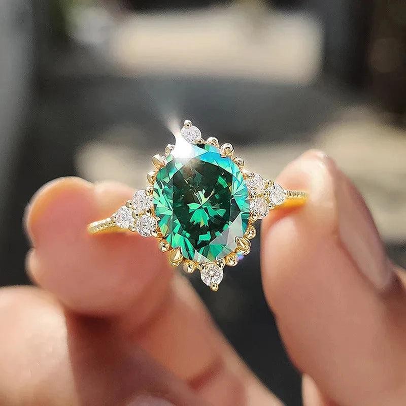 Gold Brass Ring with Green Cubic Zirconia for Women Wedding Party Jewelry