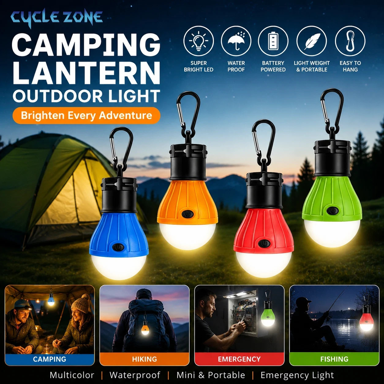Portable Camping Lantern LED Emergency Light Waterproof Battery Powered