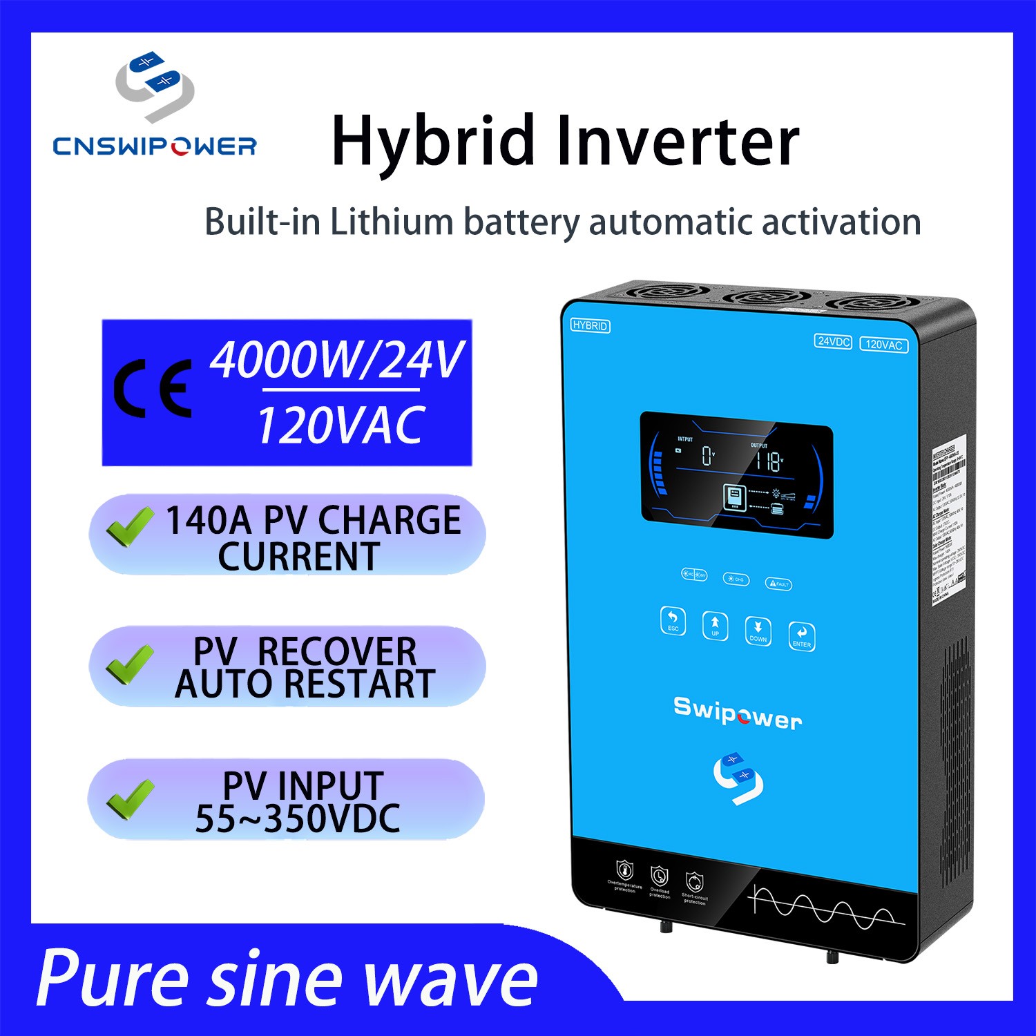 swipower 24V 4000W Hybrid Solar Inverter 110V Pure Sine Wave 140A MPPT Off Grid