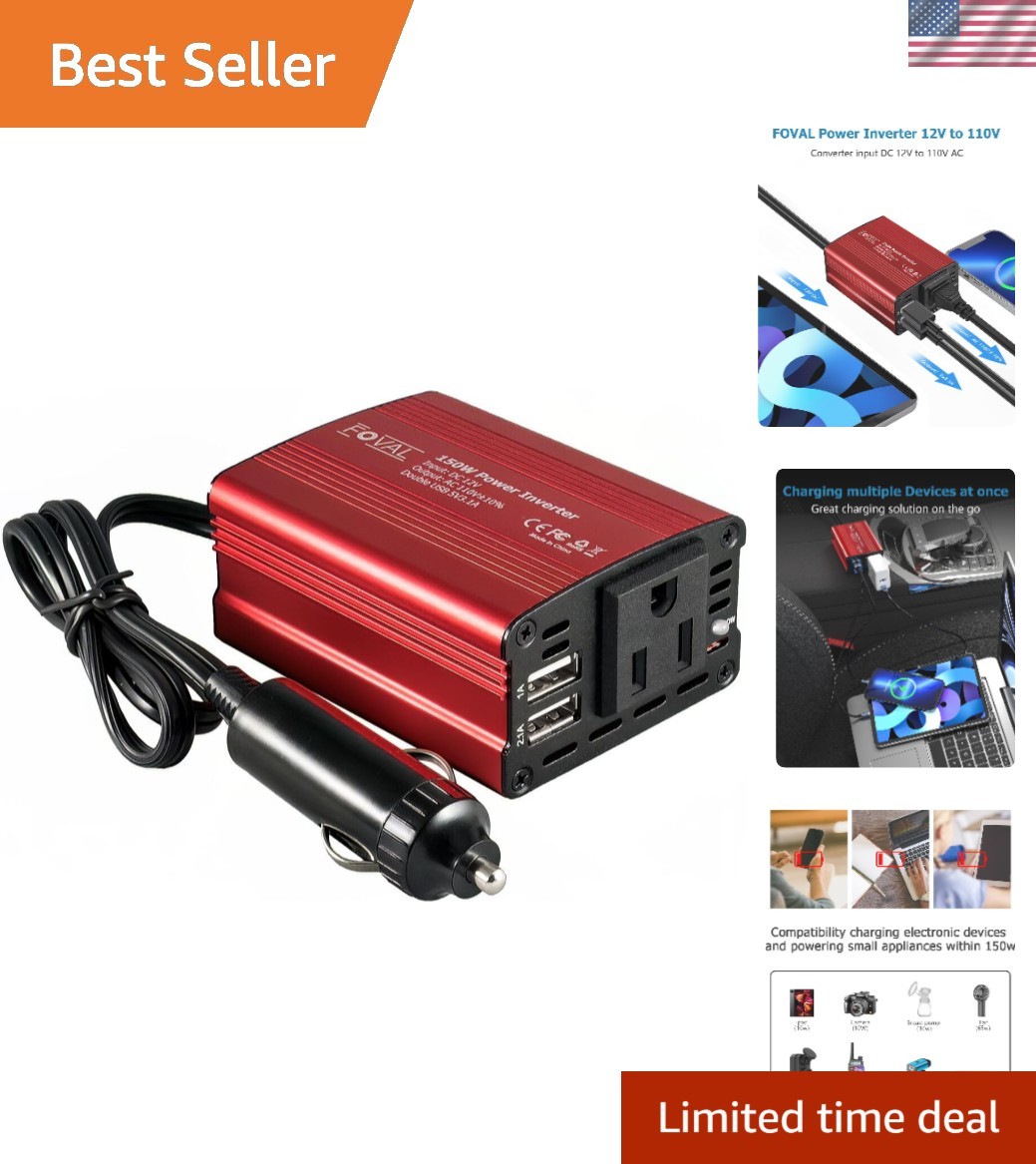 Road Trip Essential: 150W Car Power Inverter with USB & AC Outlets, Classic Red