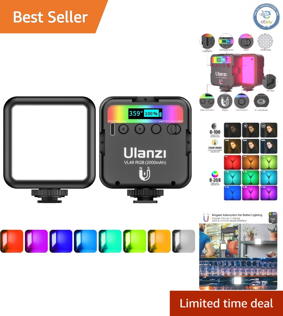 VL49 RGB Video Light - 360° Full Color, 2000mAh Rechargeable for Creative Shots