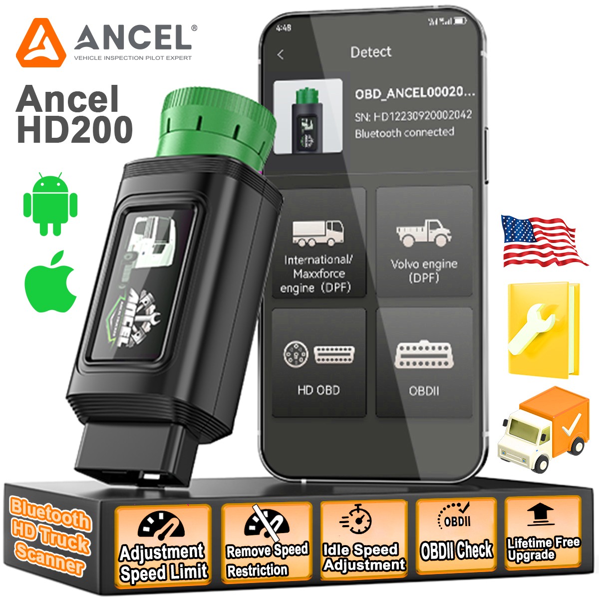 ANCEL HD200 Truck Scanner Adjust Speed Limit Reset for Cummins & Caterpillar