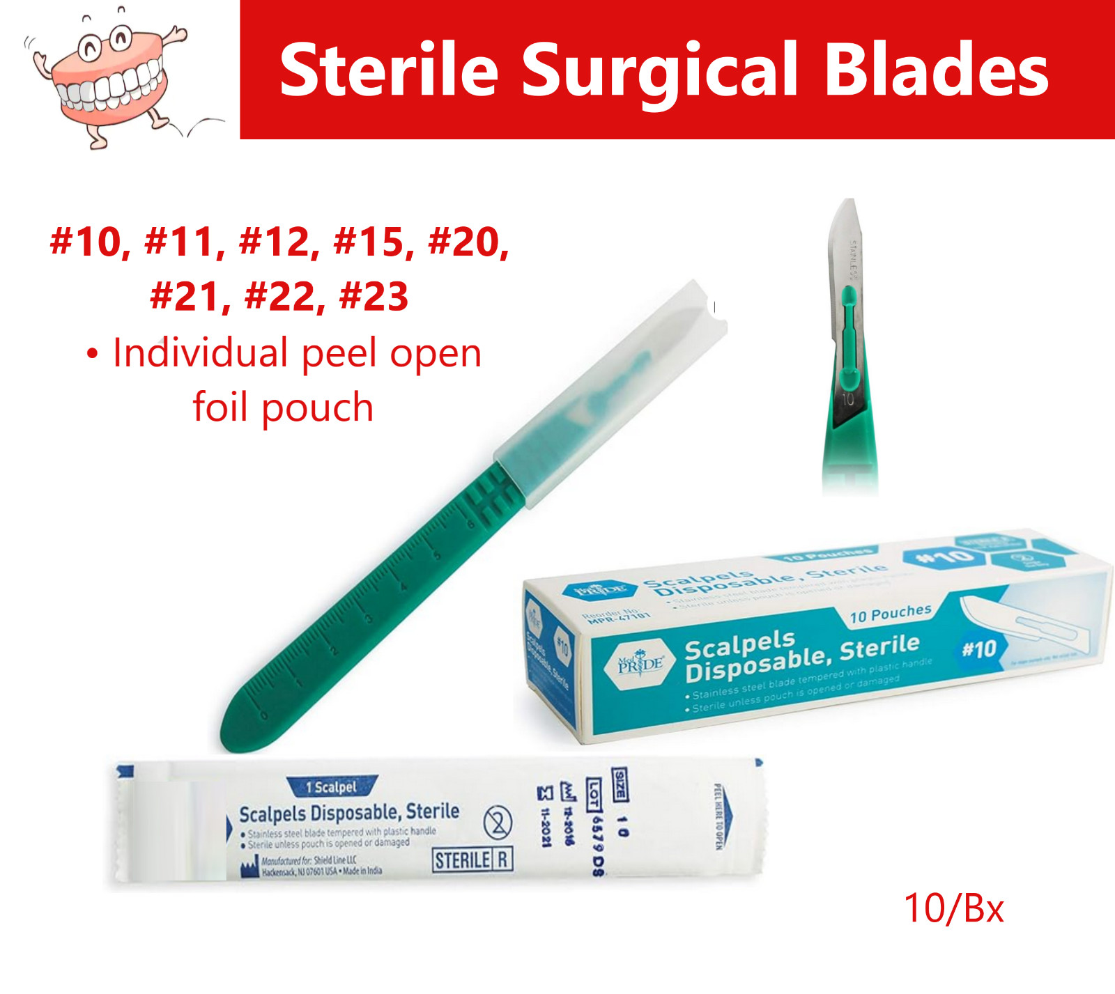Stainless Steel Blades Sterile Surgical Blade #10, #15, #12 #11, #20, #23, 100Bx