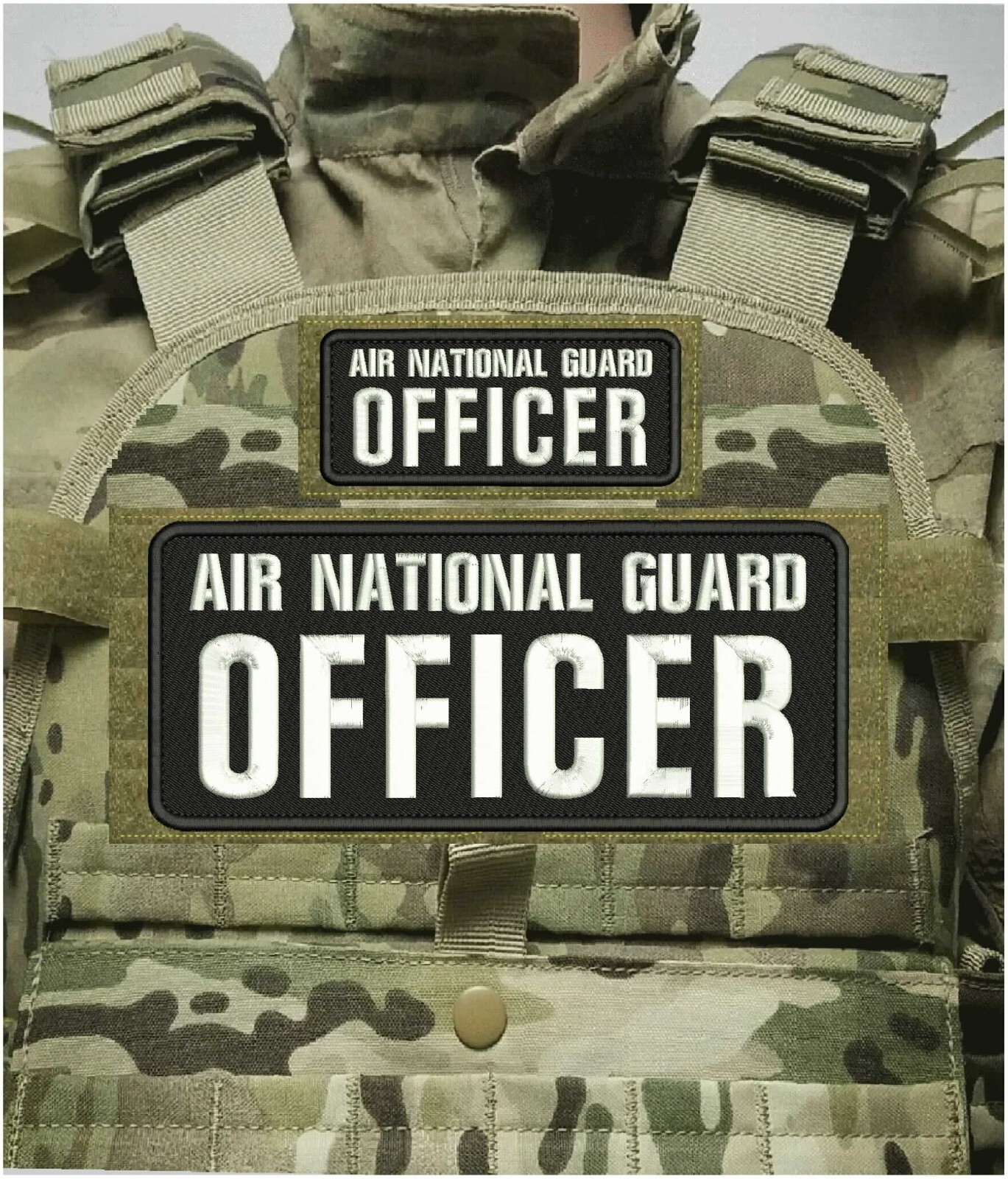 AIR NATIONAL GUARD OFFICER EMB PATCH 4X10 AND 2X5 HOOK ON BACK WHITE ON BLACK
