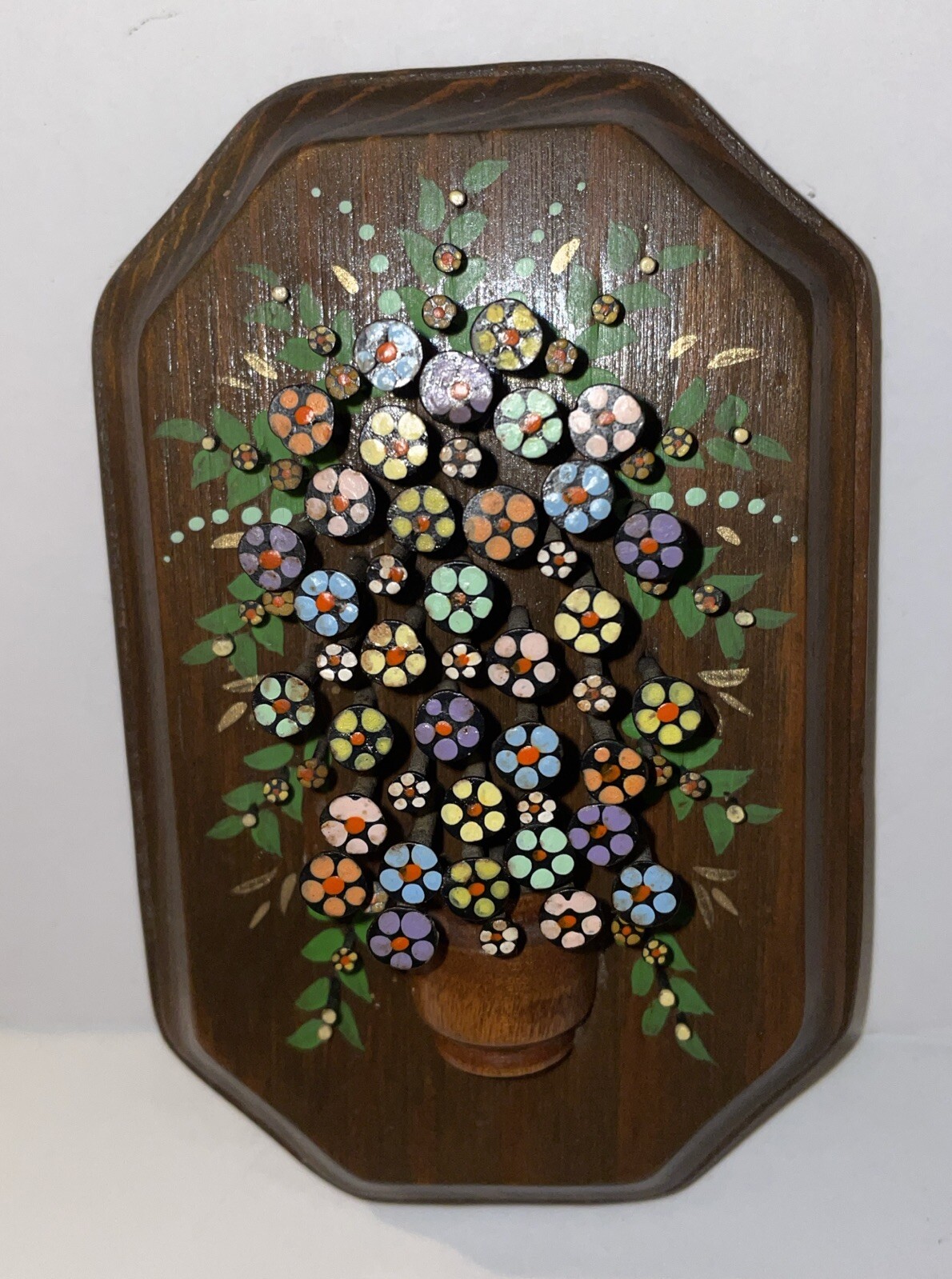 Vintage Shabby Cottage Folk Art Wood & Nail Flower Bouquet Metal Petals 5” Craft