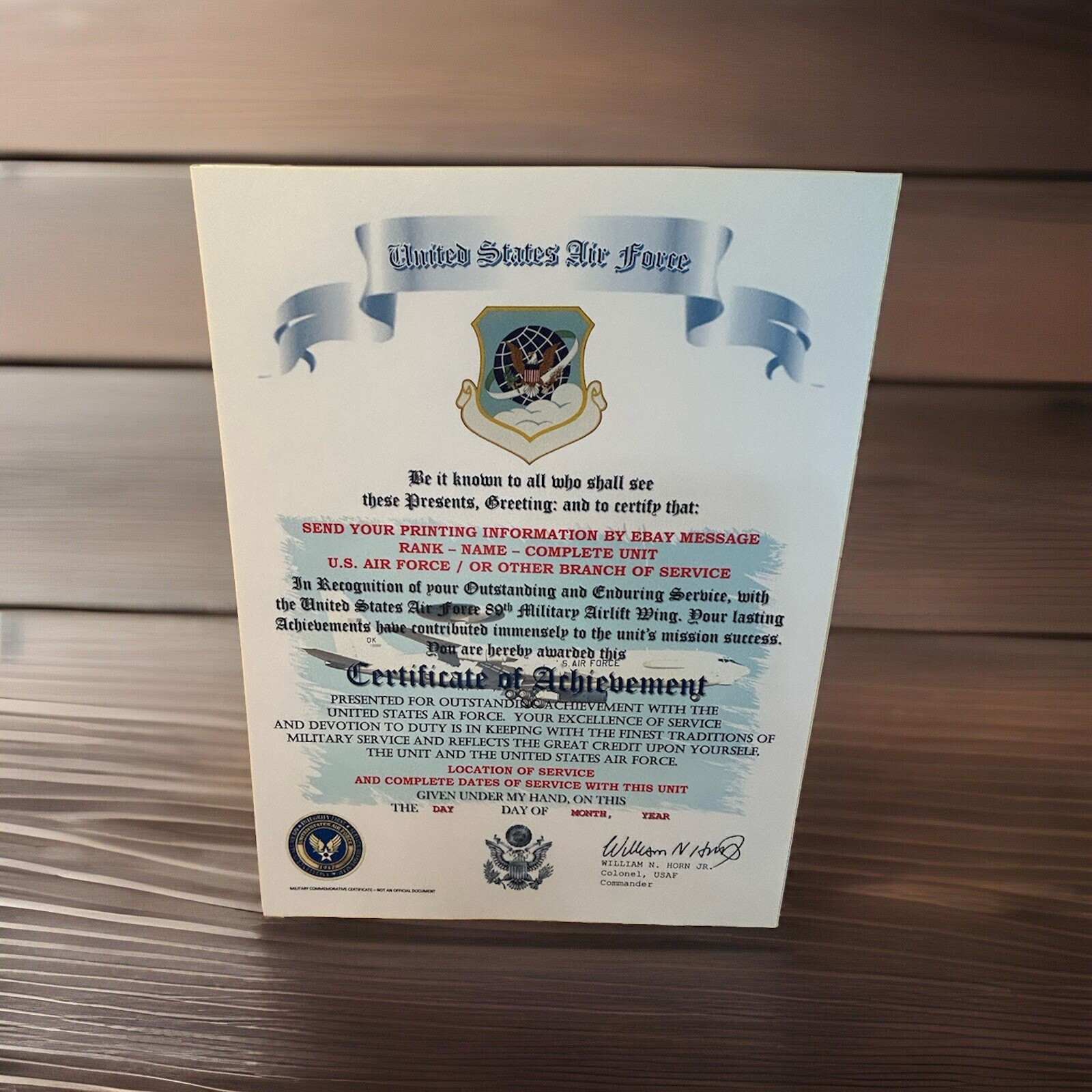 U.S.A.F. / AIR FORCE 89TH MILITARY AIRLIFT WING - CERTIFICATE OF ACHIEVEMENT