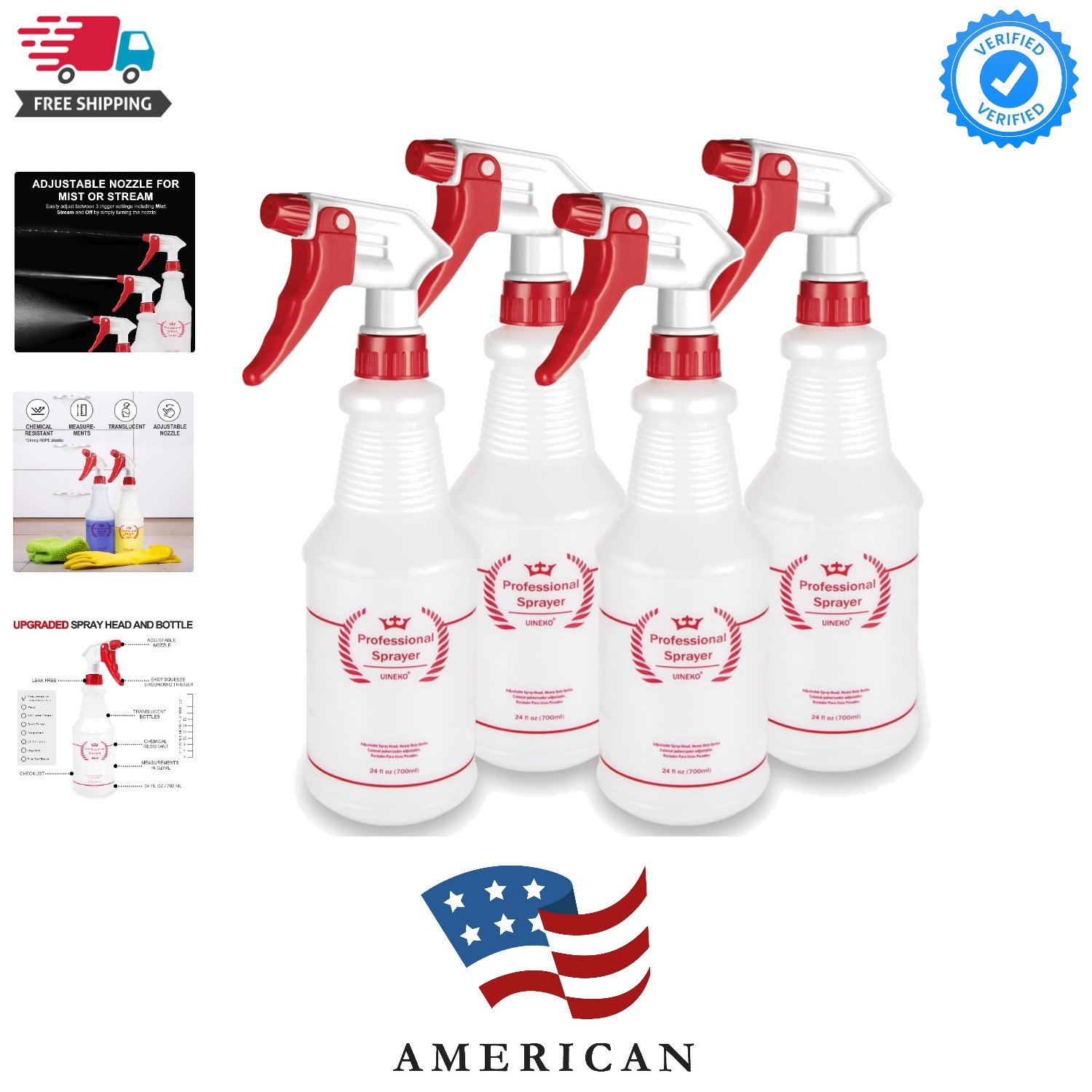 Plastic Spray Bottle 4 Pack, 24 Oz, All-Purpose Heavy Duty Spraying Bottles L...