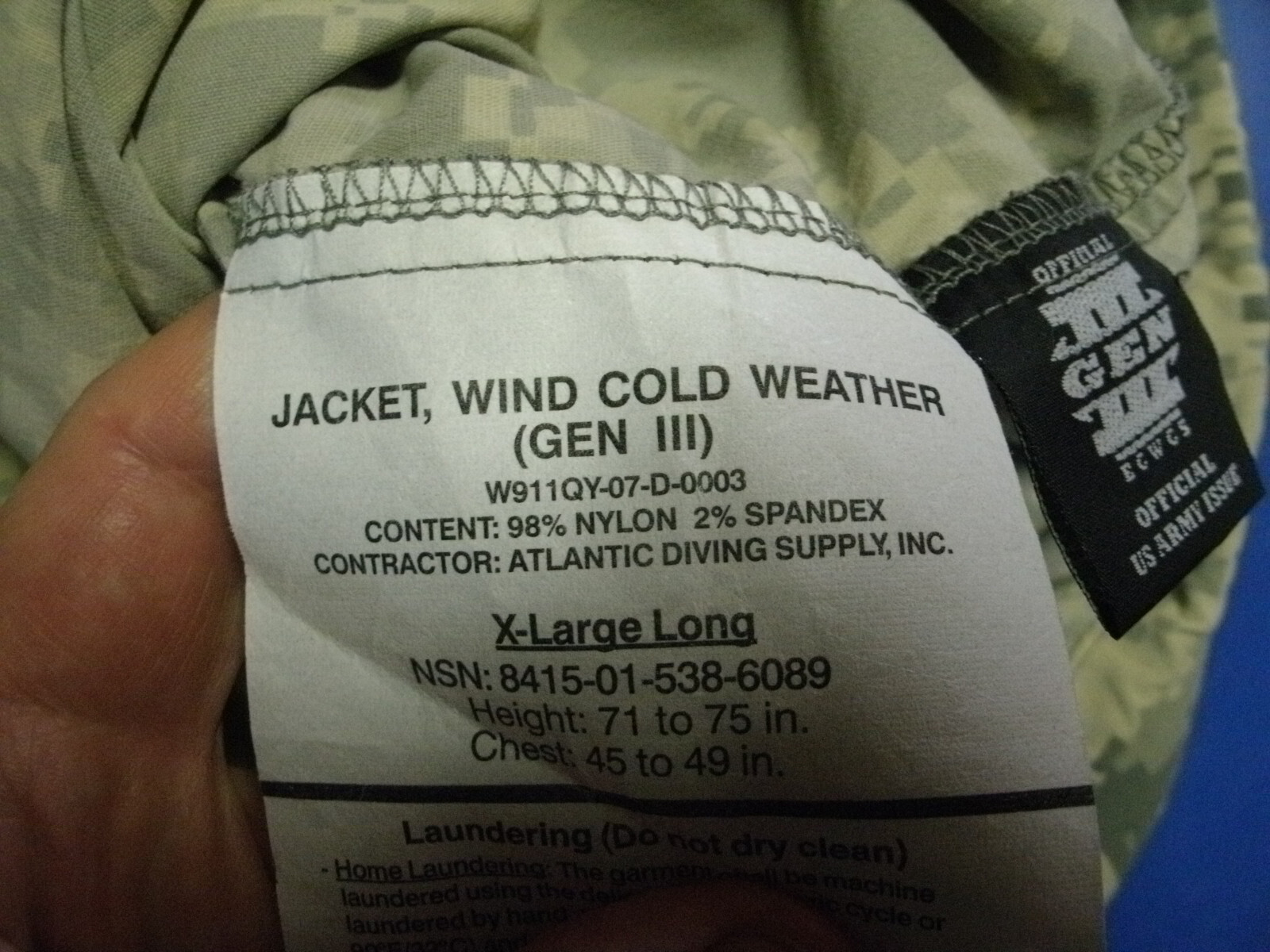 Gen III L4 ACU Wind Cold Weather Jacket SIZE X LARGE LONG
