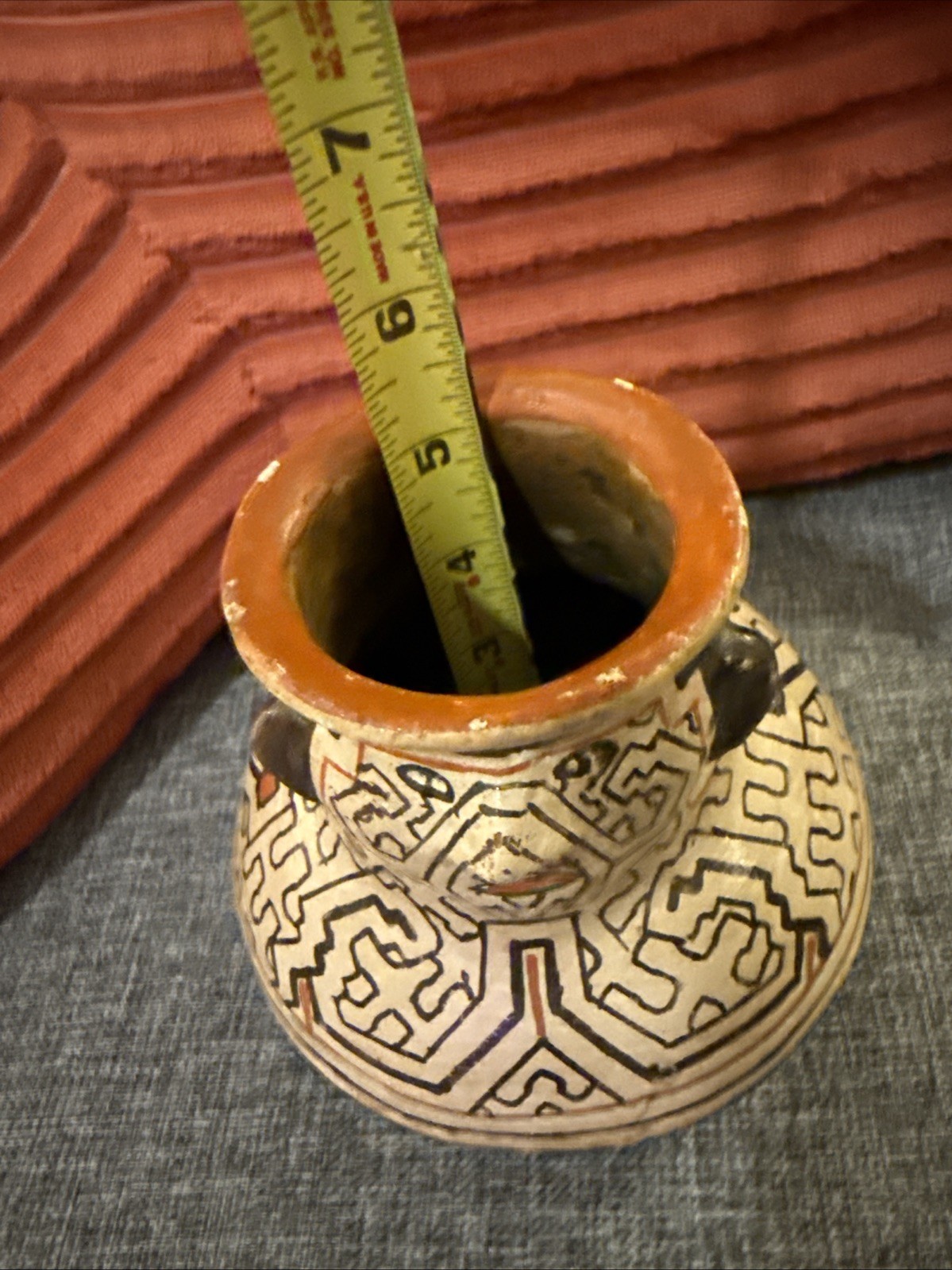 Vintage Peruvian Shipibo Conibo Hand Made Painted Face Clay Pottery Jug Peru 5.5