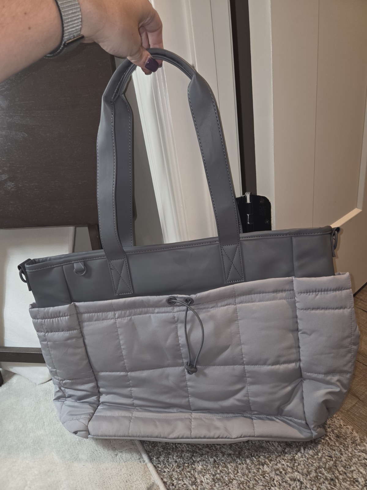 Gray Solid Quilted Laptop Bag Tote with Outer Pockets & Detachable Strap