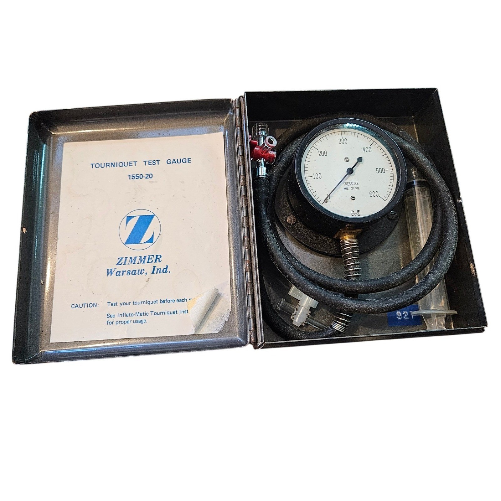 Zimmer Tourniquet Test Gauge 1550 20 Metal Case with Hose and Syringe Vintage