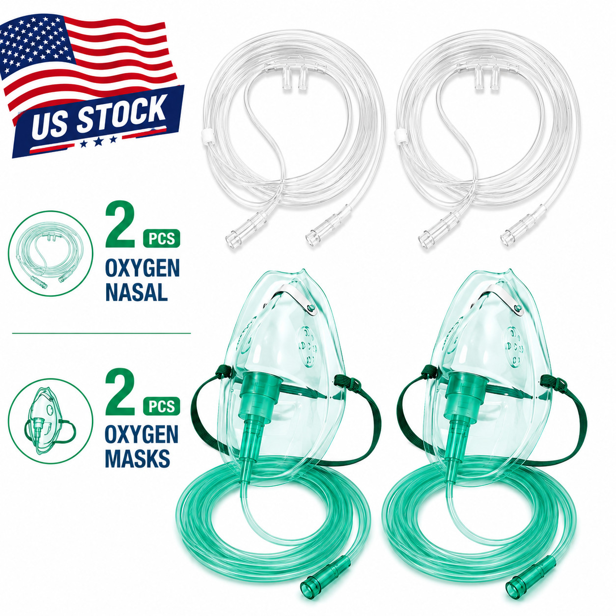 2 Pack Oxygen Nasal Cannula & 2 Oxygen Mask Set for Home Use, Oxygen Tubing