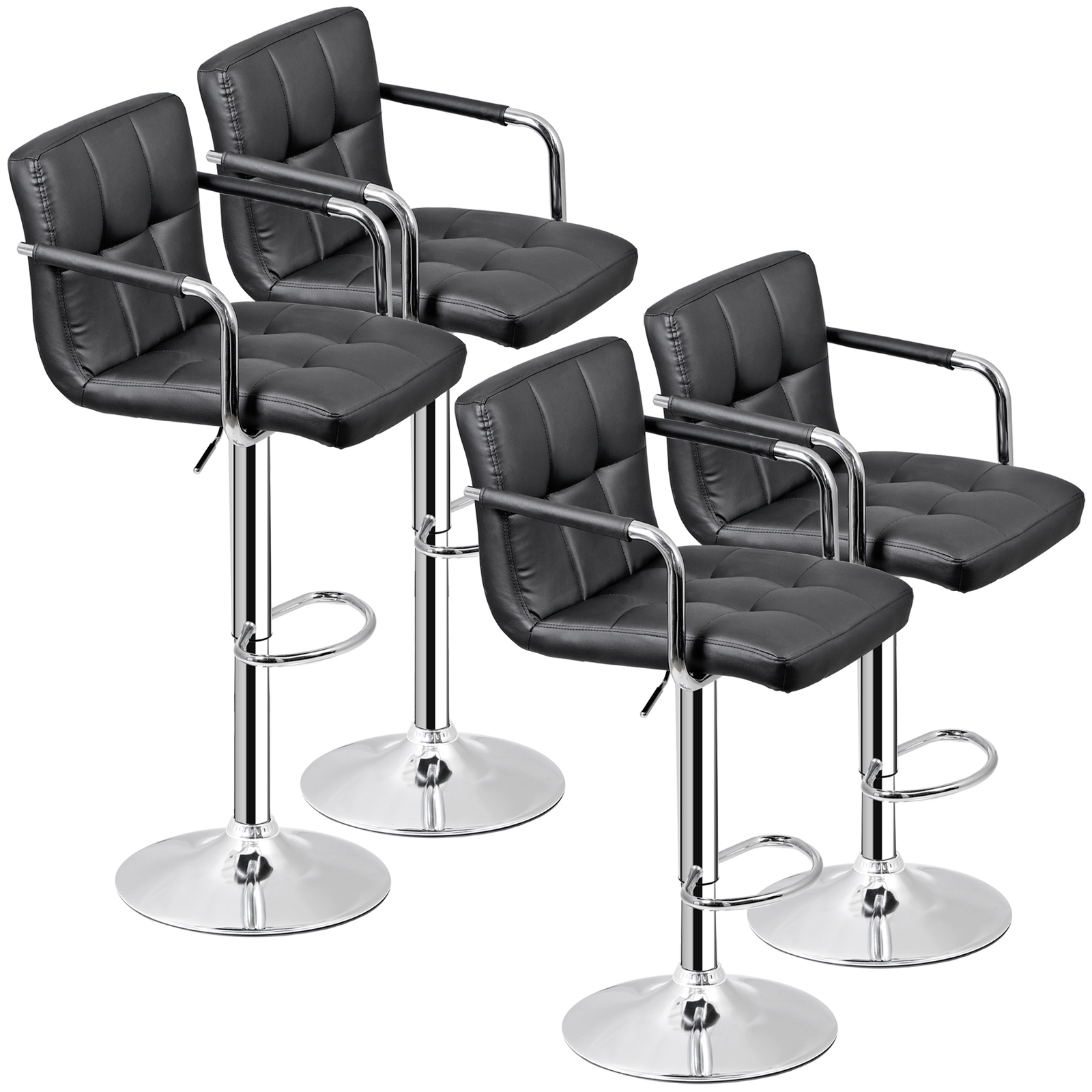 4PCS Bar Stools Black PU Leather Height Adjustable Swivel Barstools W/ Armrest