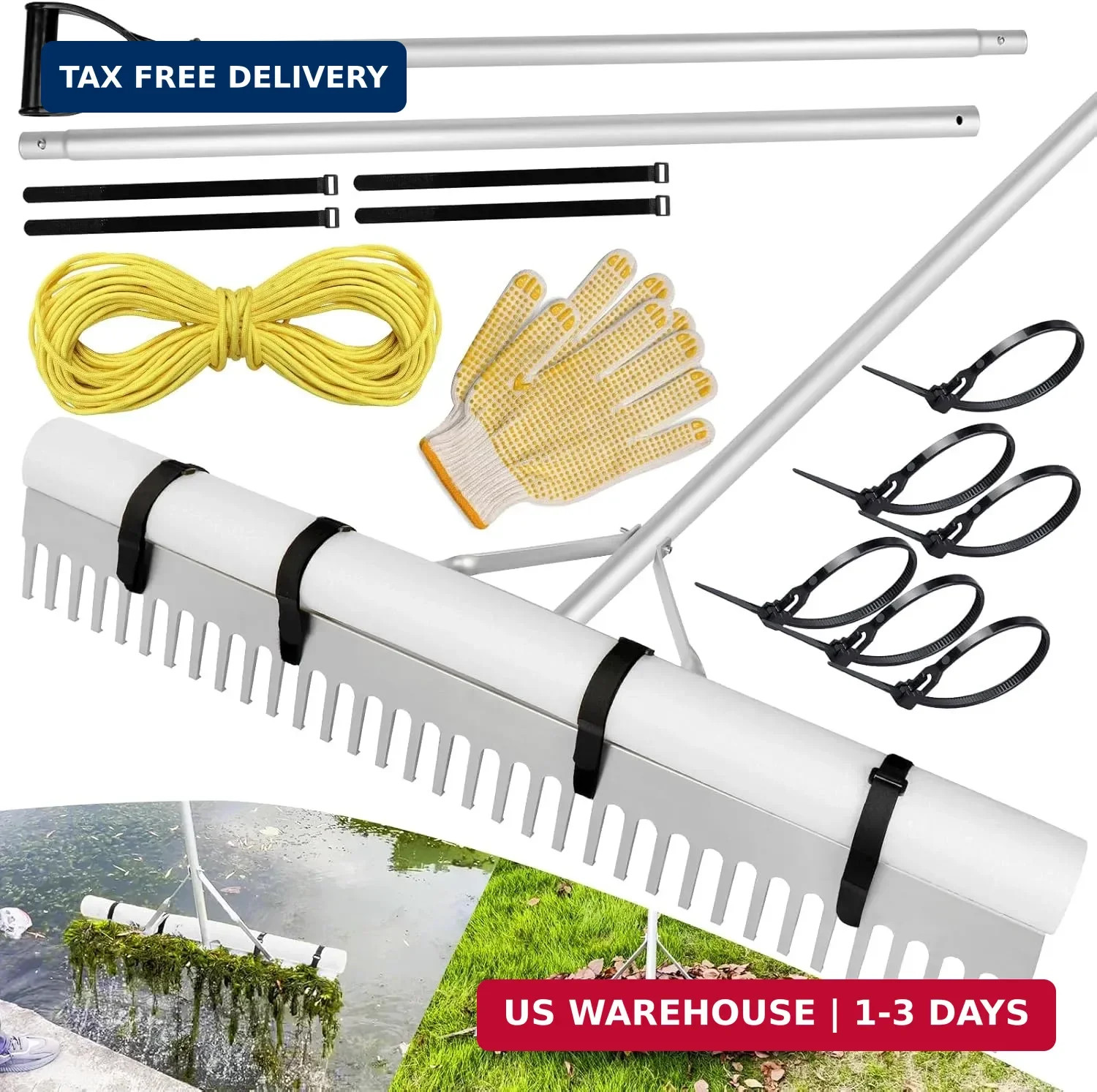 Pond Rake, 36" Aquatic Lake Weed Rake with 11'(132'') Adjustable Extension Pole.