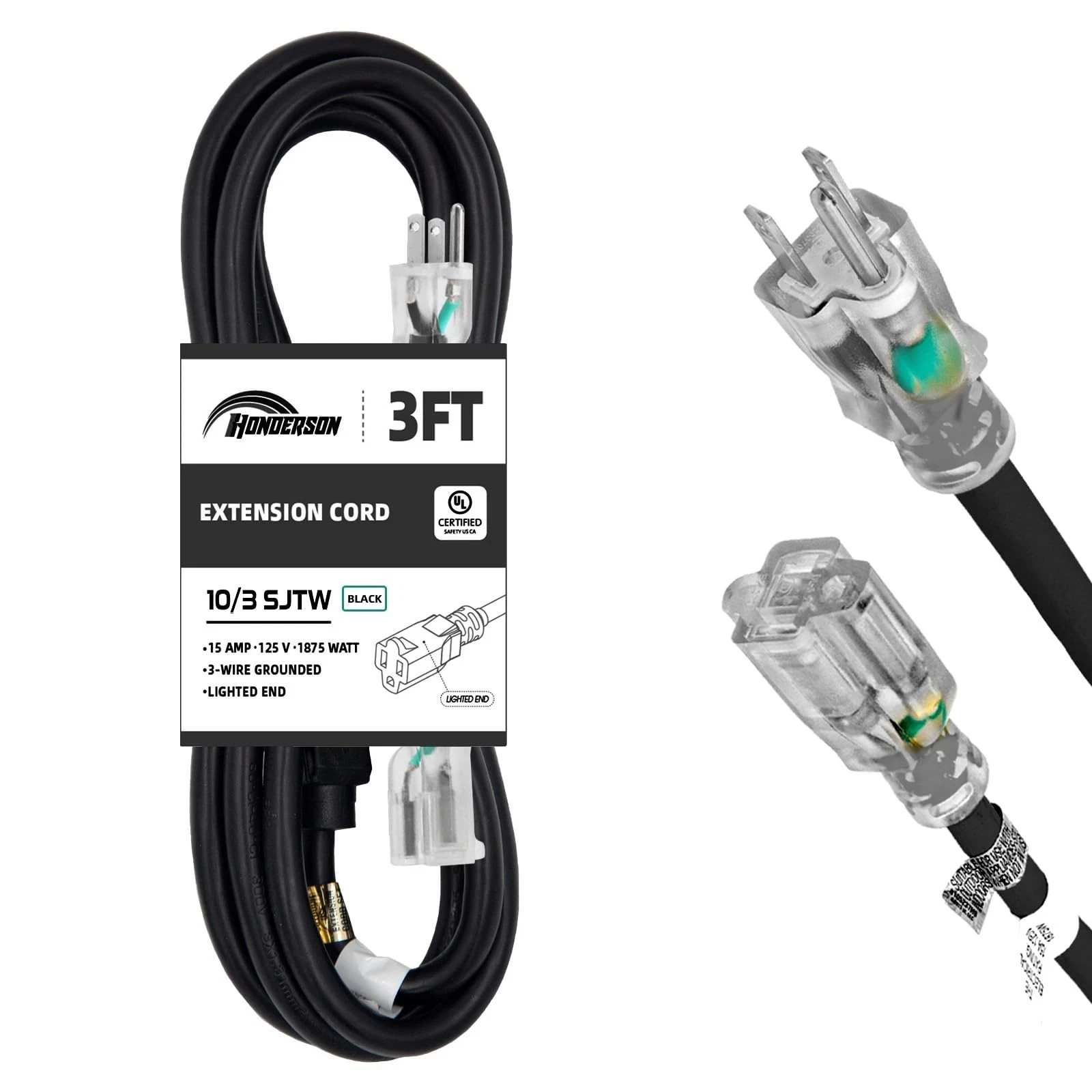 3 FT Black 10 Gauge Weatherproof Heavy Duty Extension Cord 10/3 SJTW 15A