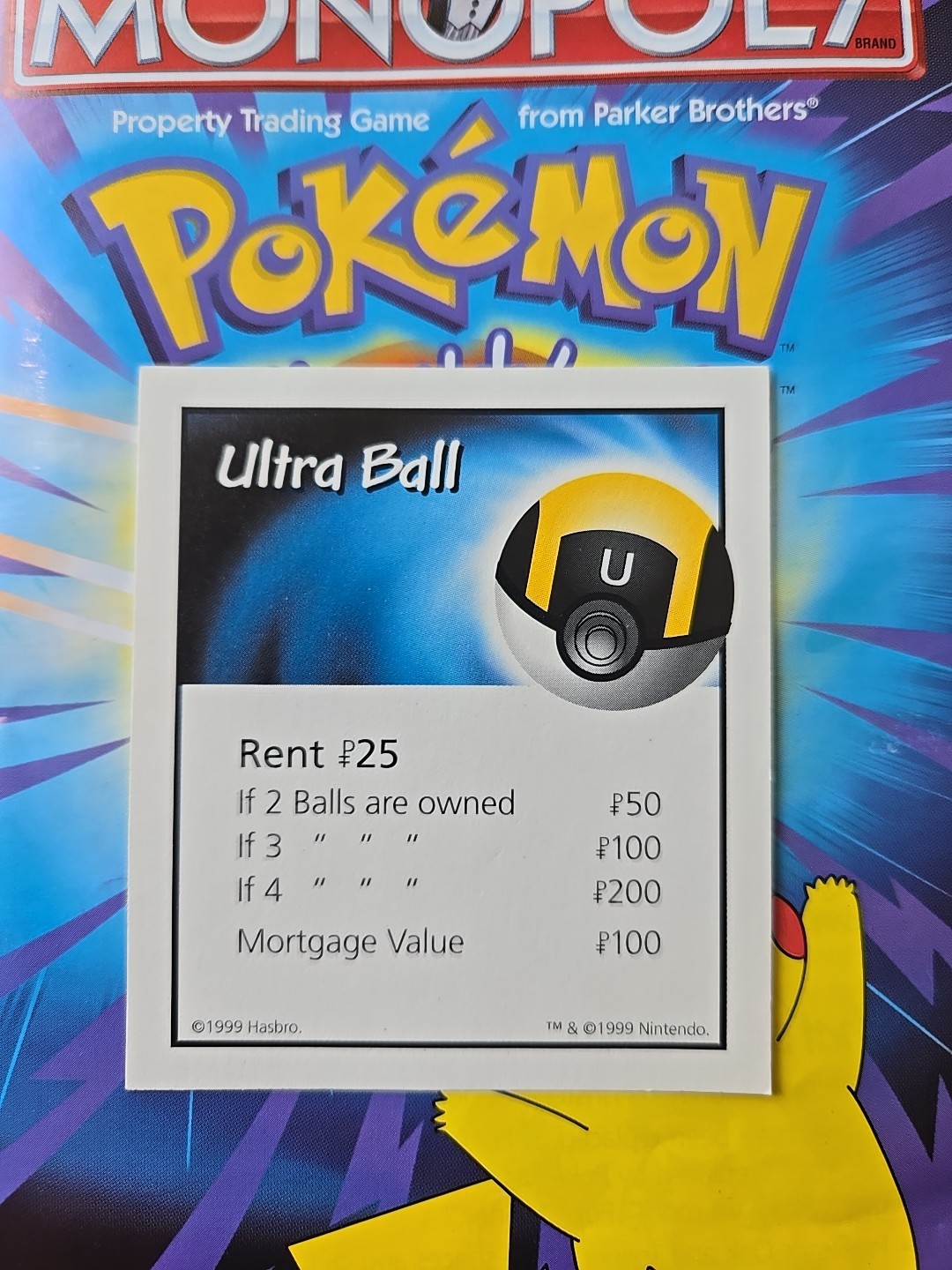 1999 Monopoly Pokémon Ultra Ball Title Deed Card Game Piece Part