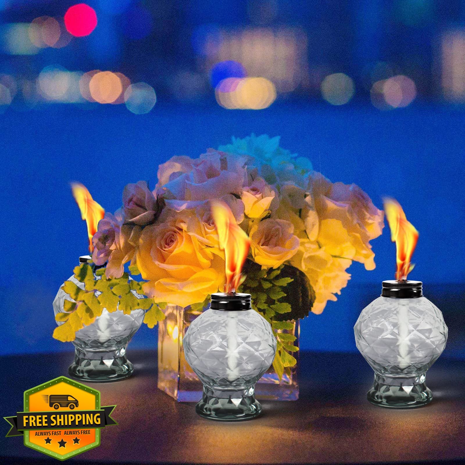 DIKAIDA 4 Pack Glass Table Torches Citronella Wick Cap Refillable