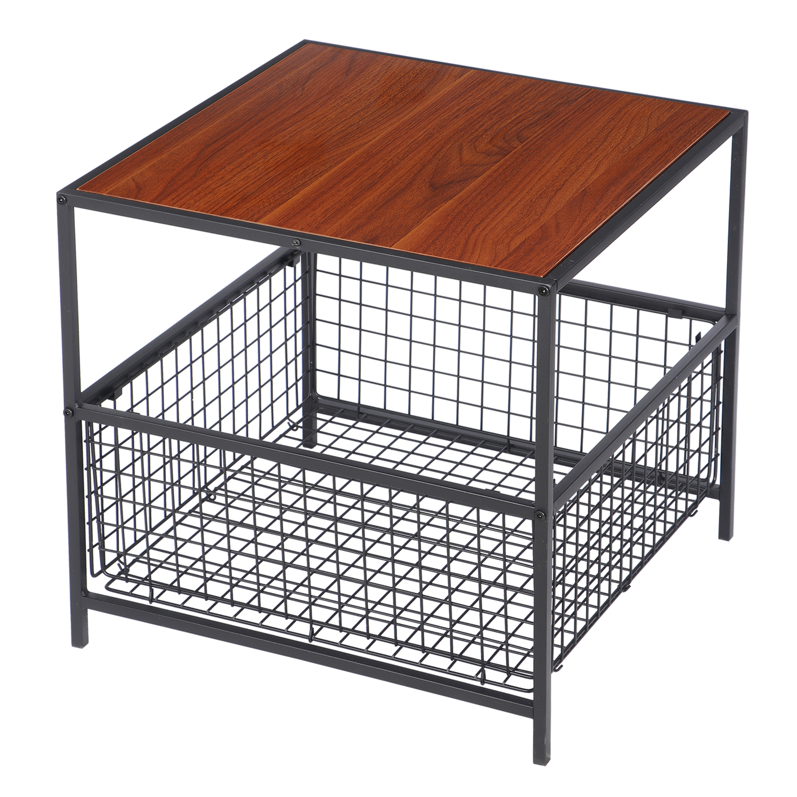 Square Sofa Side Storage Cabinet Compact Coffee Table Basket Metal Frame, Black