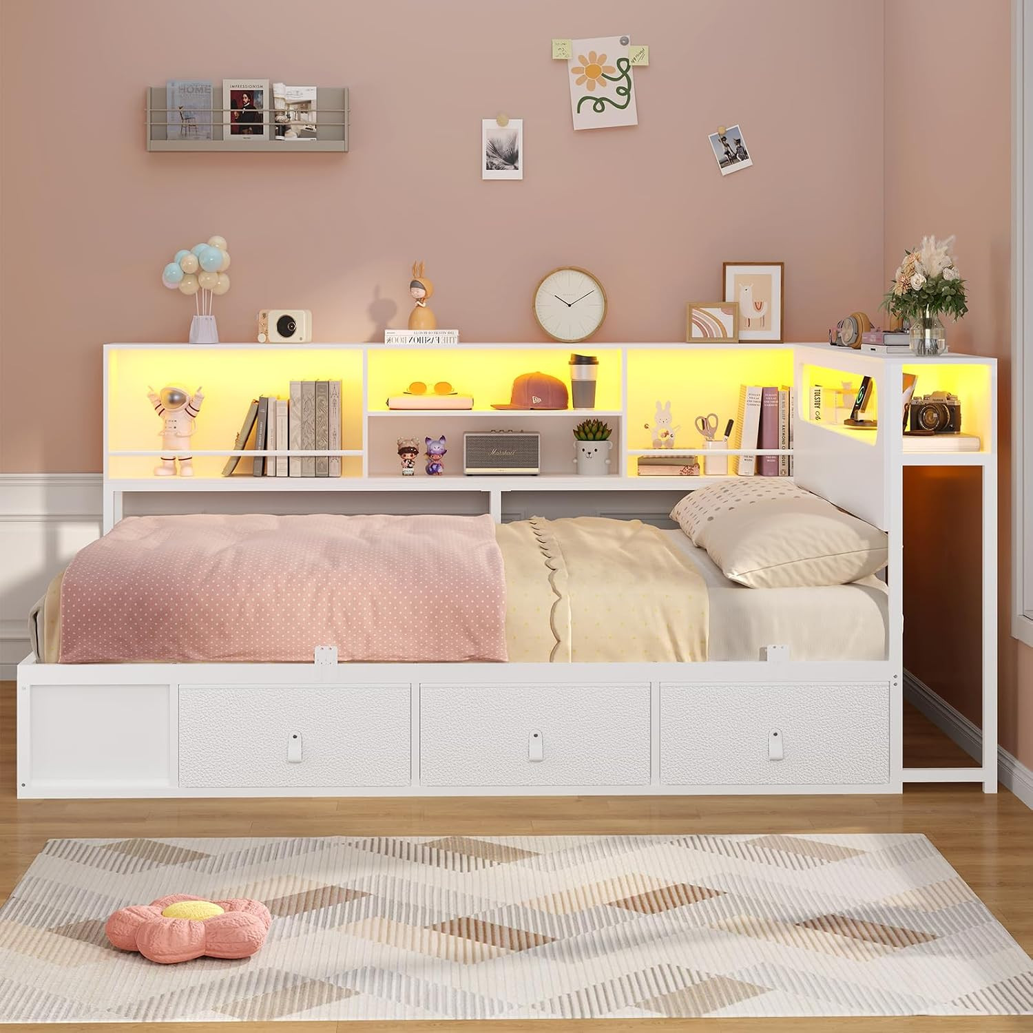 Corner Bed Frame Full Size with Bookcase Storage & Headboard White | RGB Lights,