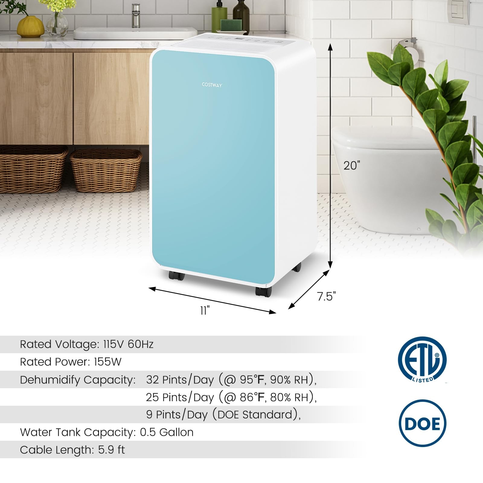COSTWAY 2500 Sq. Ft Dehumidifier Basement 32 Pints Portable Quiet Sleep Timer Dr