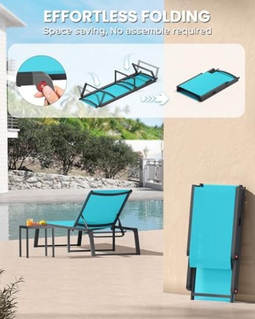 Aluminum Chaise Lounge Chair Outdoor, Foldable & Assembly Free 1 Pack Lake Blue