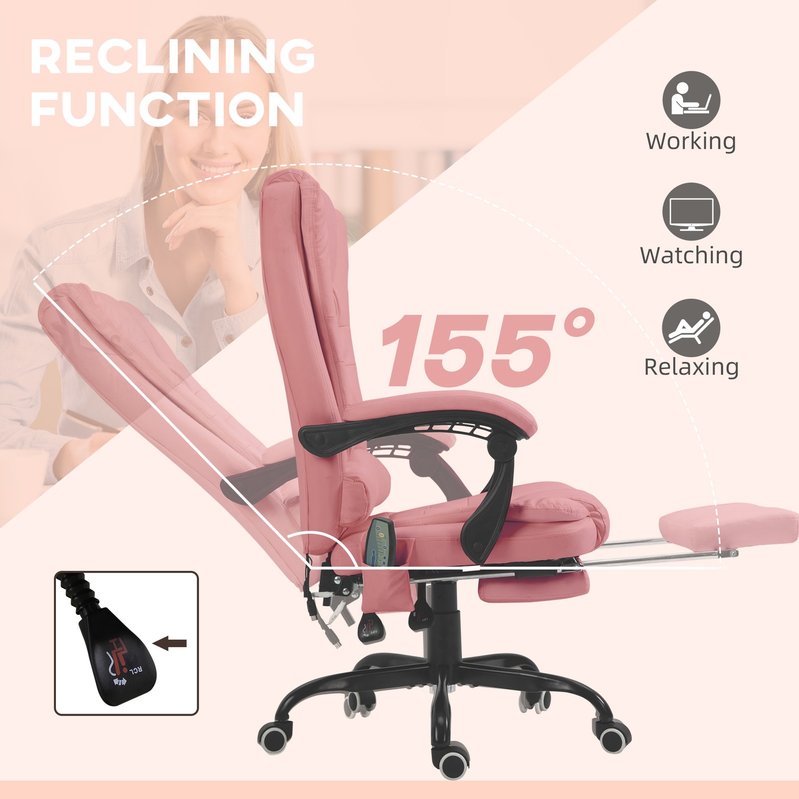PU Leather Massage Computer Chair w/ Padded Seat and Adjustable Height, Pink
