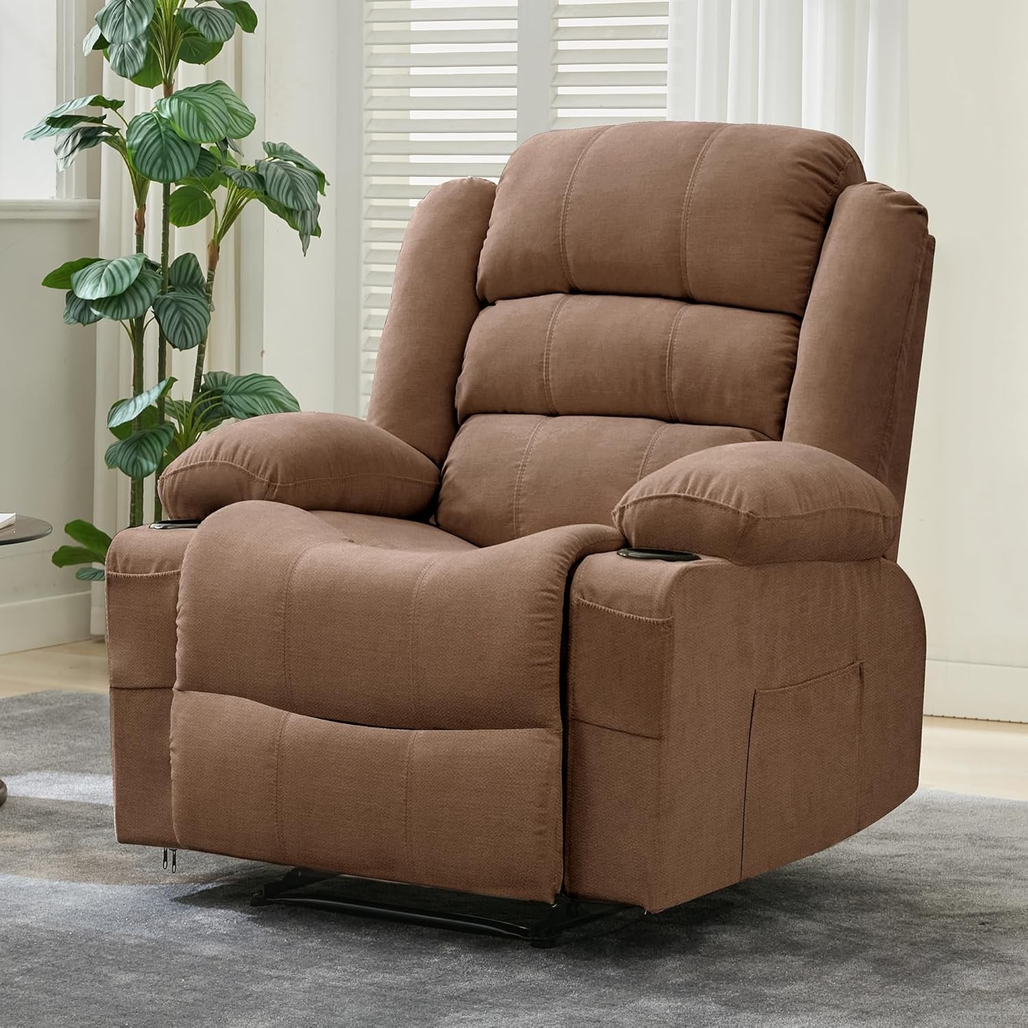 Recliner with Cup Holders & Storage Pockets, Brown Chair Ideal for Home Theater