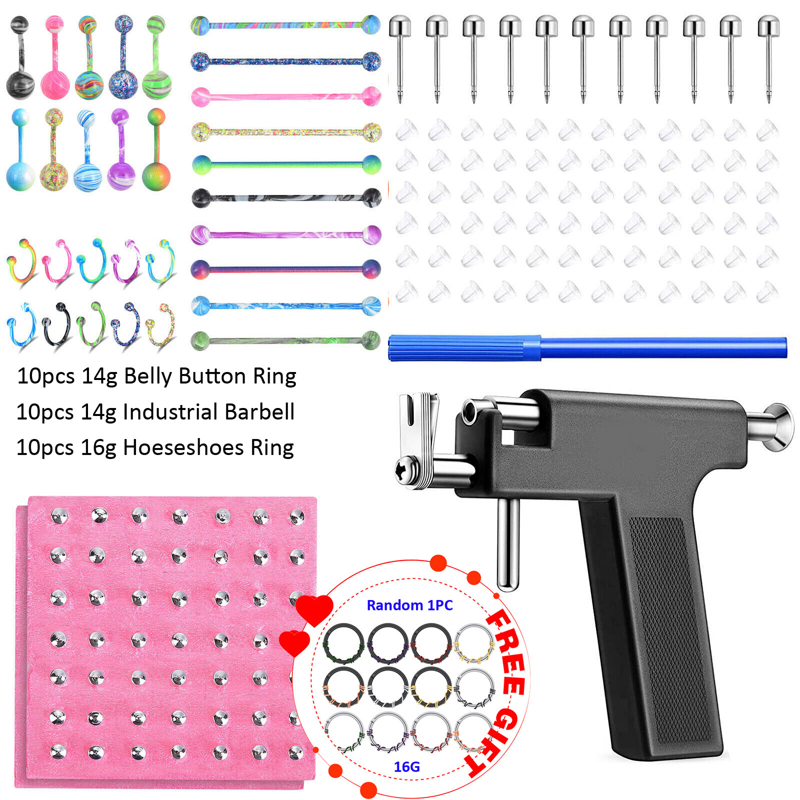 128Pcs Body Piercing Gun Ear Nose Navel Lip Rings Studs Professional Tool Kit US