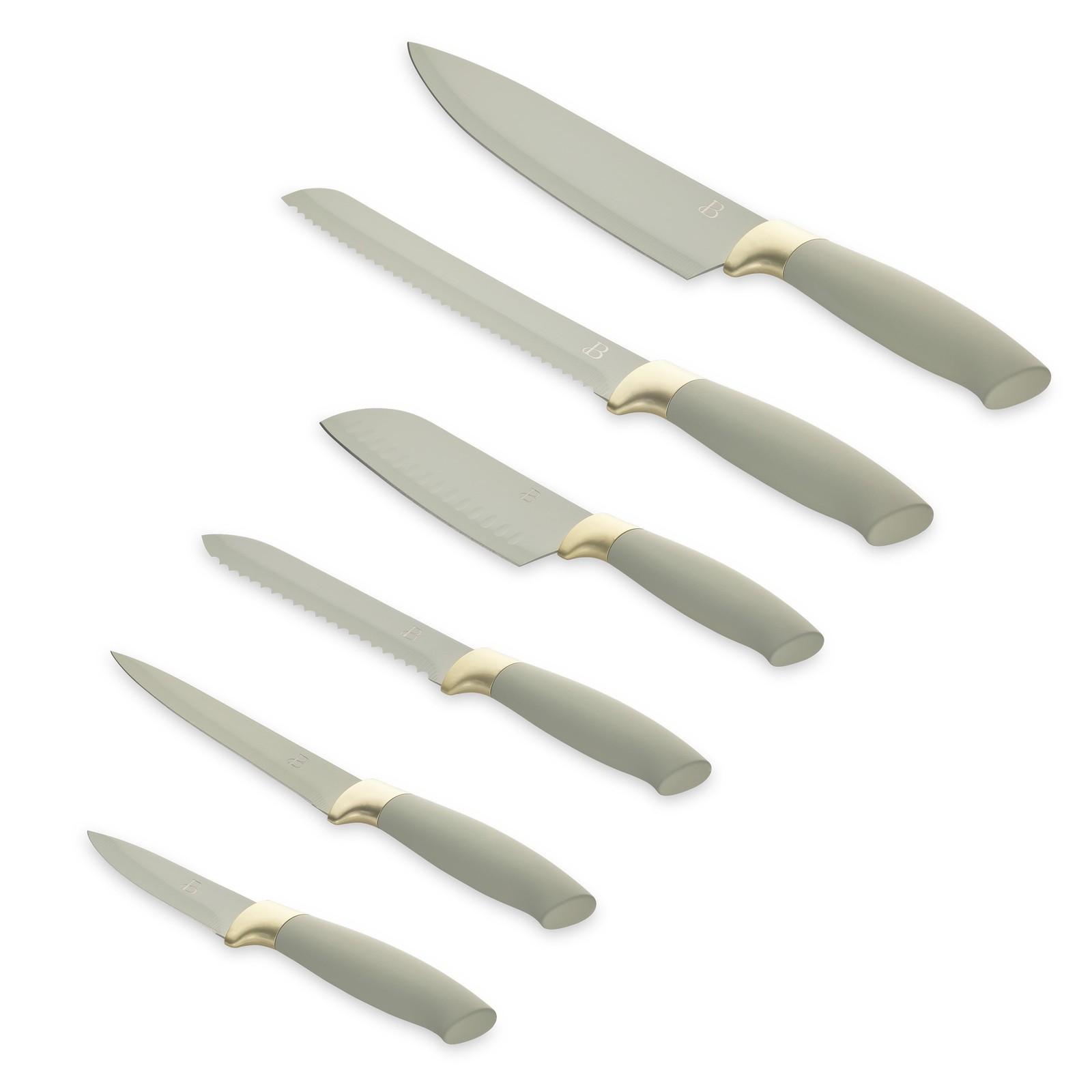 6-Piece Soft Grip Stainless Steel Knife Set Sage Green with Gold Accent