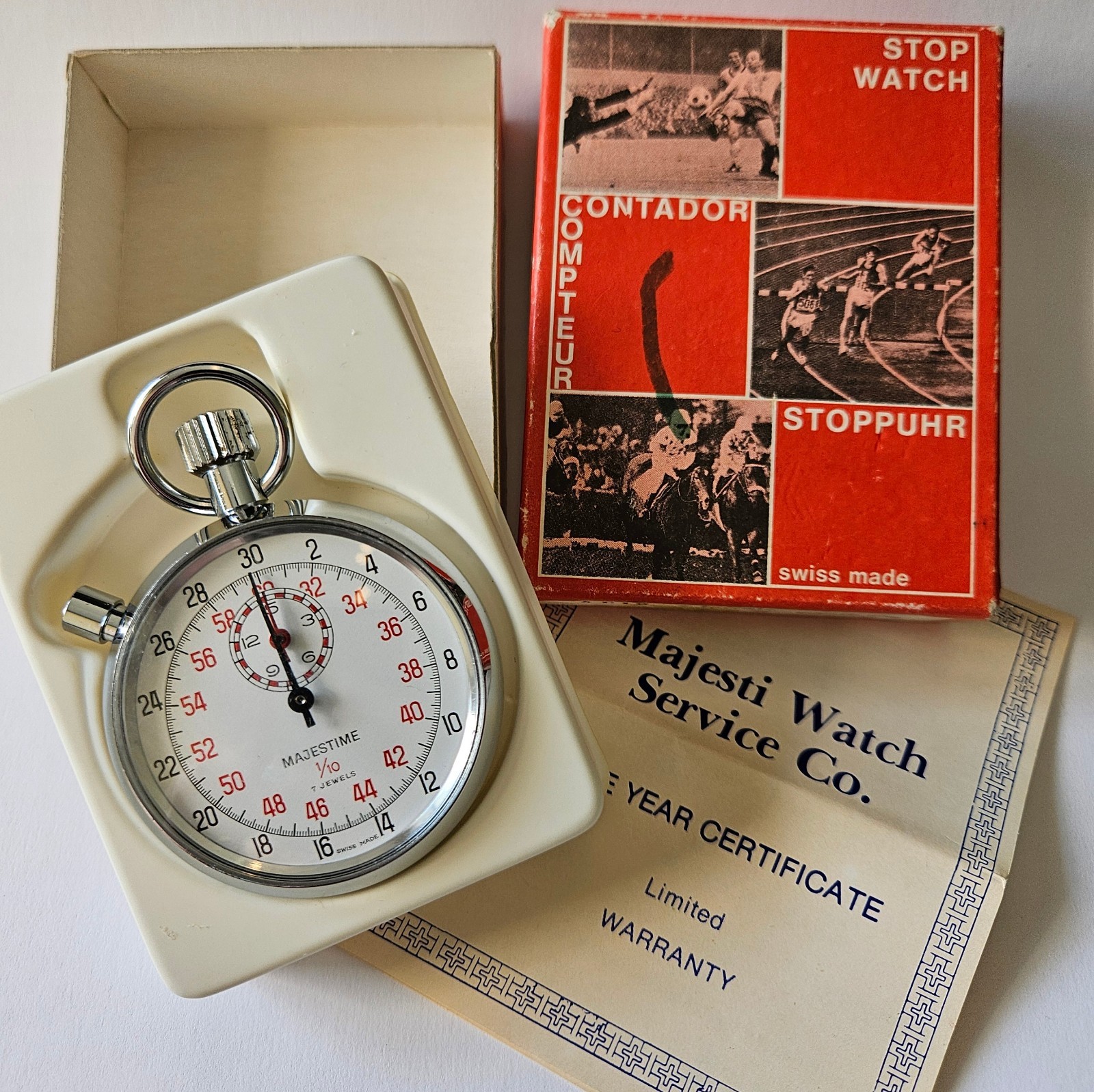 Vintage Working Majestime 1/10 7 Jewels Swiss Made Mechanical Stopwatch New/ Box