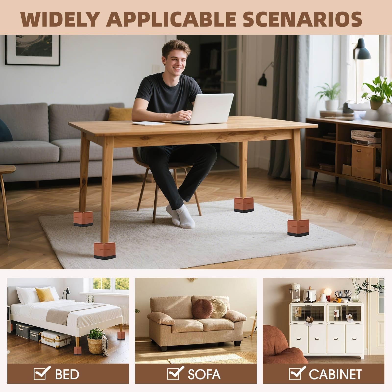 Furniture Risers Bed Risers Rectangular Adjustable Block Brown 3 Inch