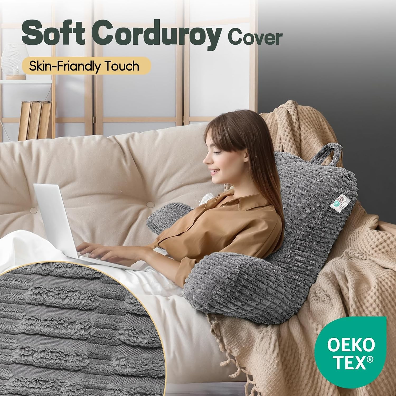 21 Inch Large Reading Pillow Memory Foam Back Support With Arm Rest Gray