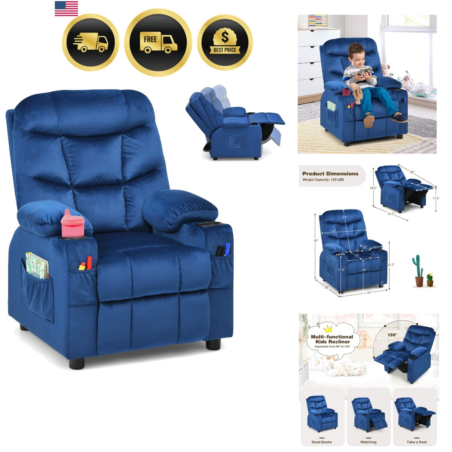 Kids Recliner Chair with Cup Holder, Adjustable Velvet Lounge Chair w/Footres...