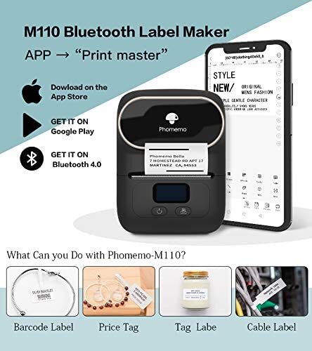 phomemo M110 Label Maker Machine Portable Bluetooth Thermal Printer with 1 Label