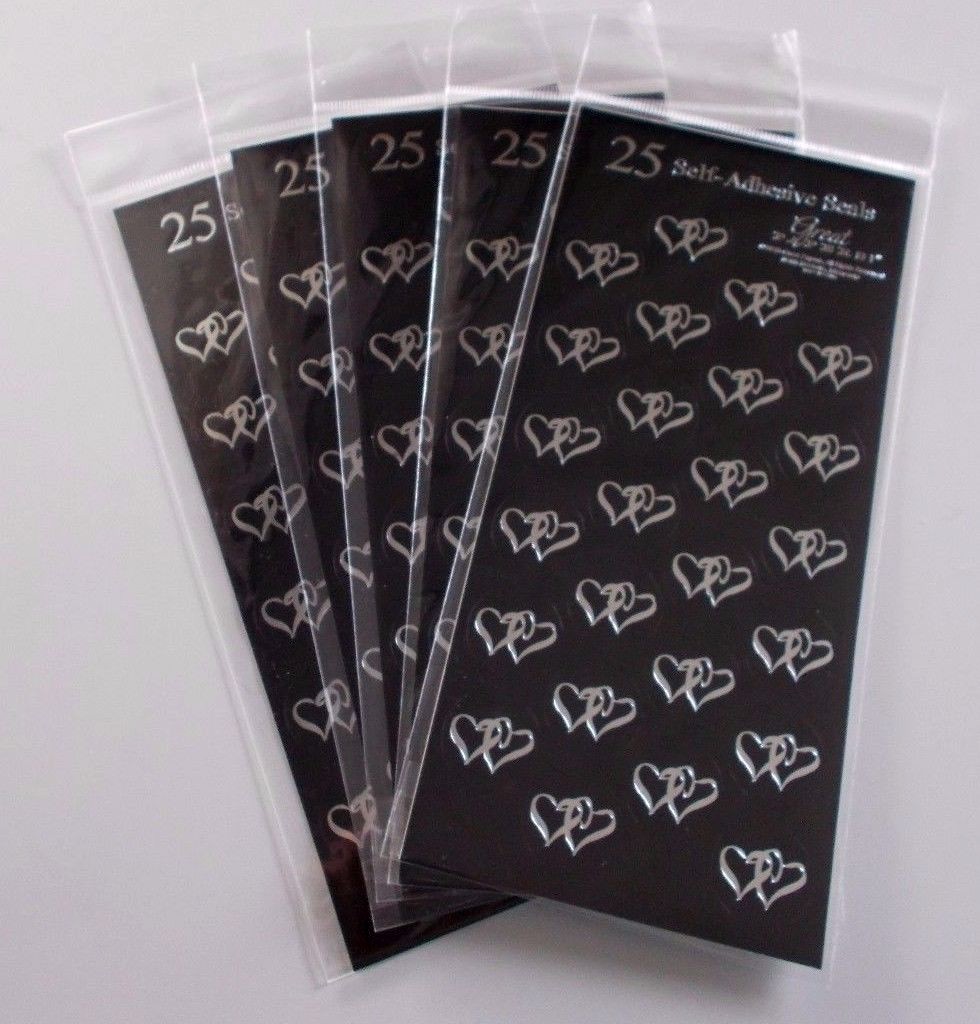 5 Sheets of Foil Self-Adhesive Double Heart Seals LARGE 125 Stickers Total