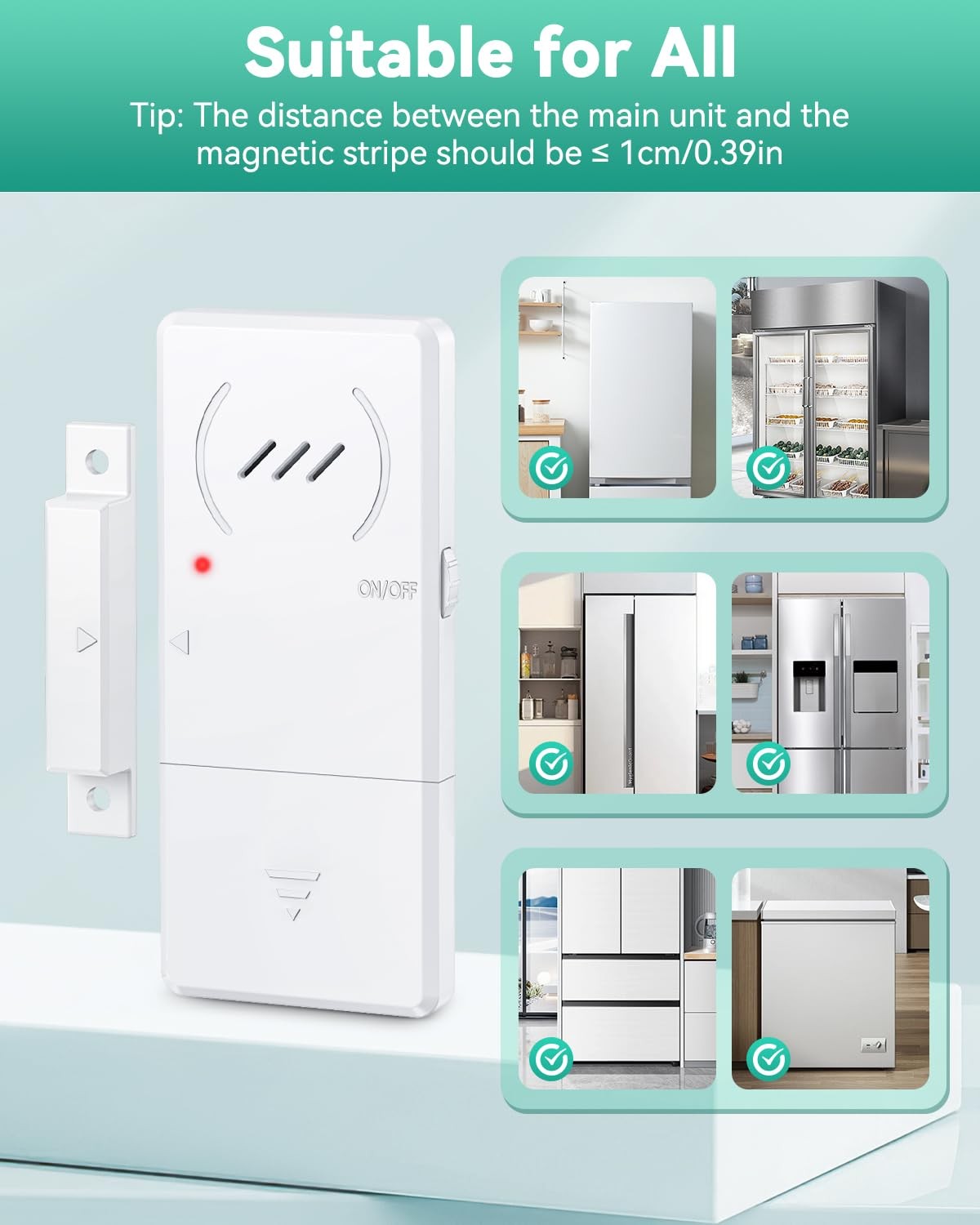 HAPYTHDA Freezer Door Alarm 60s Delay, 0.3in Ultra Thin white